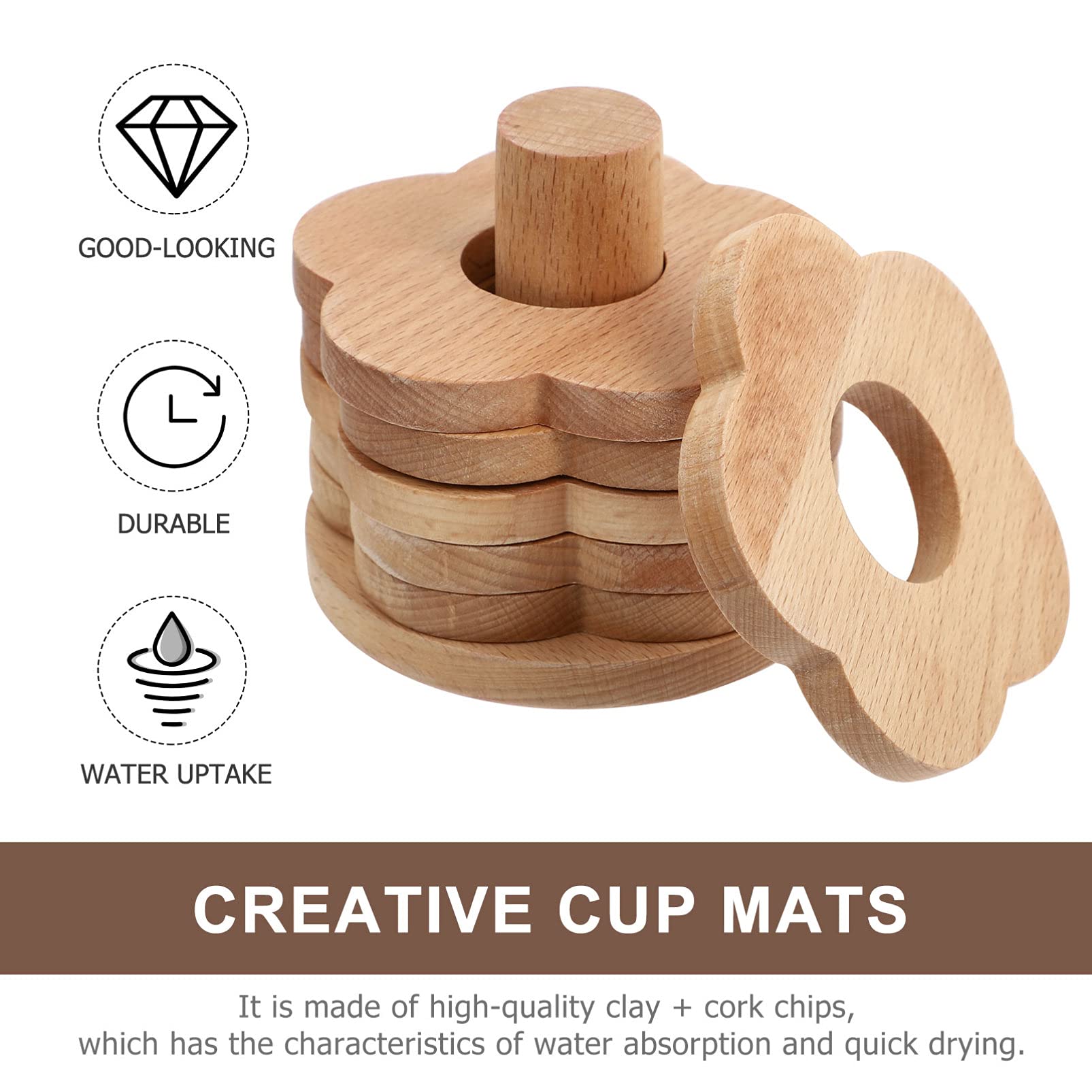 Posavasos de Madera en Forma de Flor, 7 Piezas, Khaki | Antideslizante y Diseño Grueso, para Copas de Vino y Tazas de Té, Uso sobre Mesa