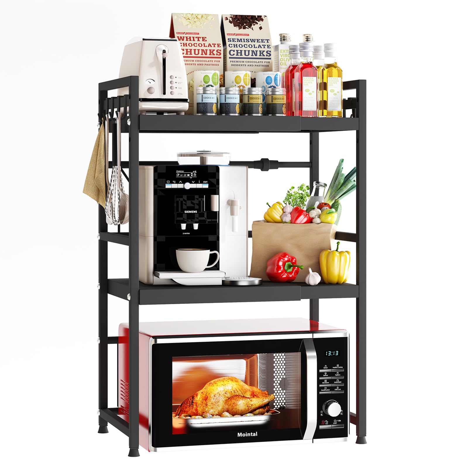 Mointal Soporte Expandible para Microondas, Estantería 3 Niveles para Microondas de Cocina, Estantería Acero al Carbono para Microondas de Encimera, Organizador Almacenaje Cocina con 8 Ganchos, Negro