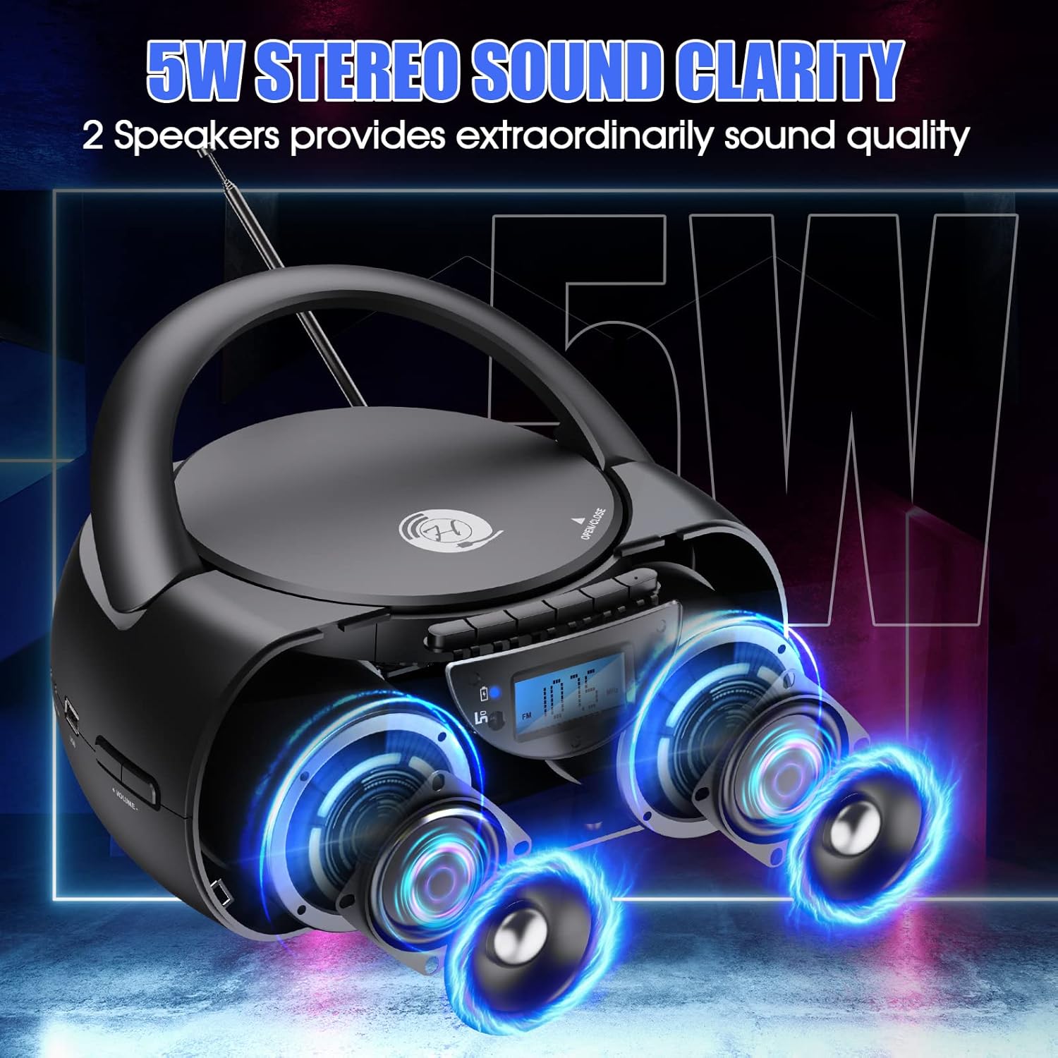 Herneum Boombox highlighting its 5W stereo sound clarity with two speakers.