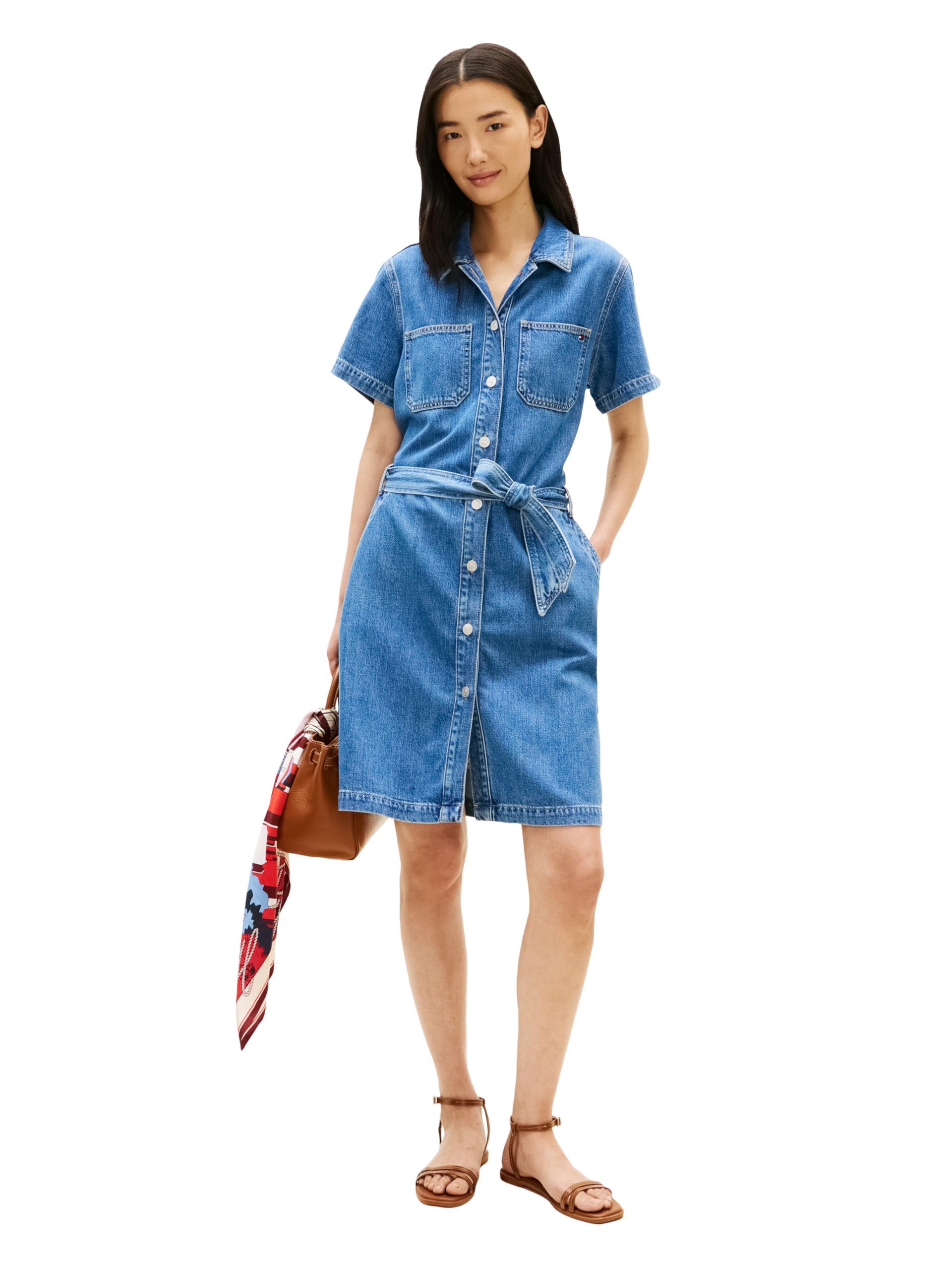 Tommy Hilfiger Women's Short Sleeve Denim Shirt Dress with Waist Tie Detail