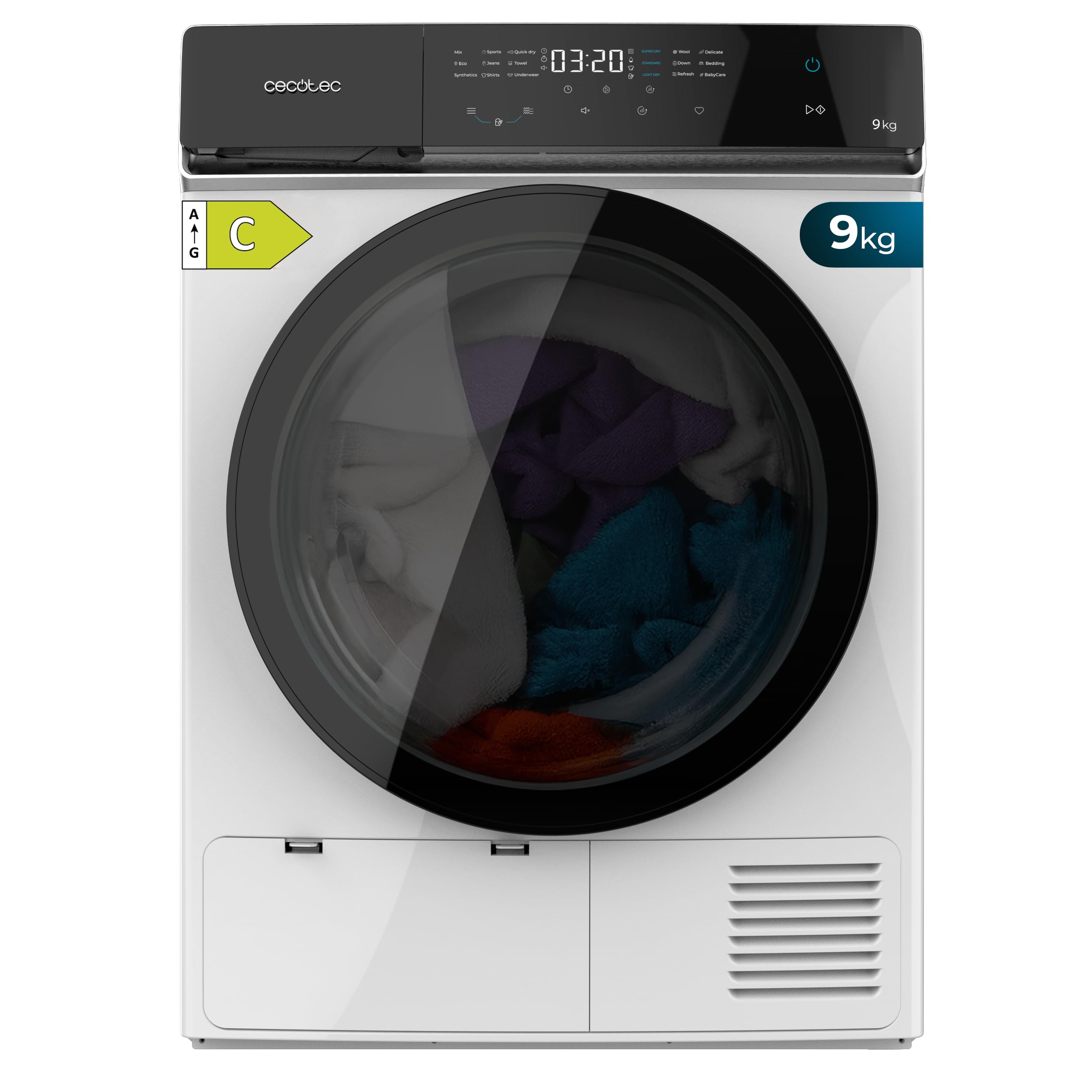 Cecotec Secadora de Bomba de Calor 9kg Bolero DressCode Dry 9400 Inverter, Clase Equivalente A+++, 15 programas, Funciones de Secado Automático, Planchado Fácil, Stop&Go, Delay Start y KidLock, Blanca Etiqueta Energética