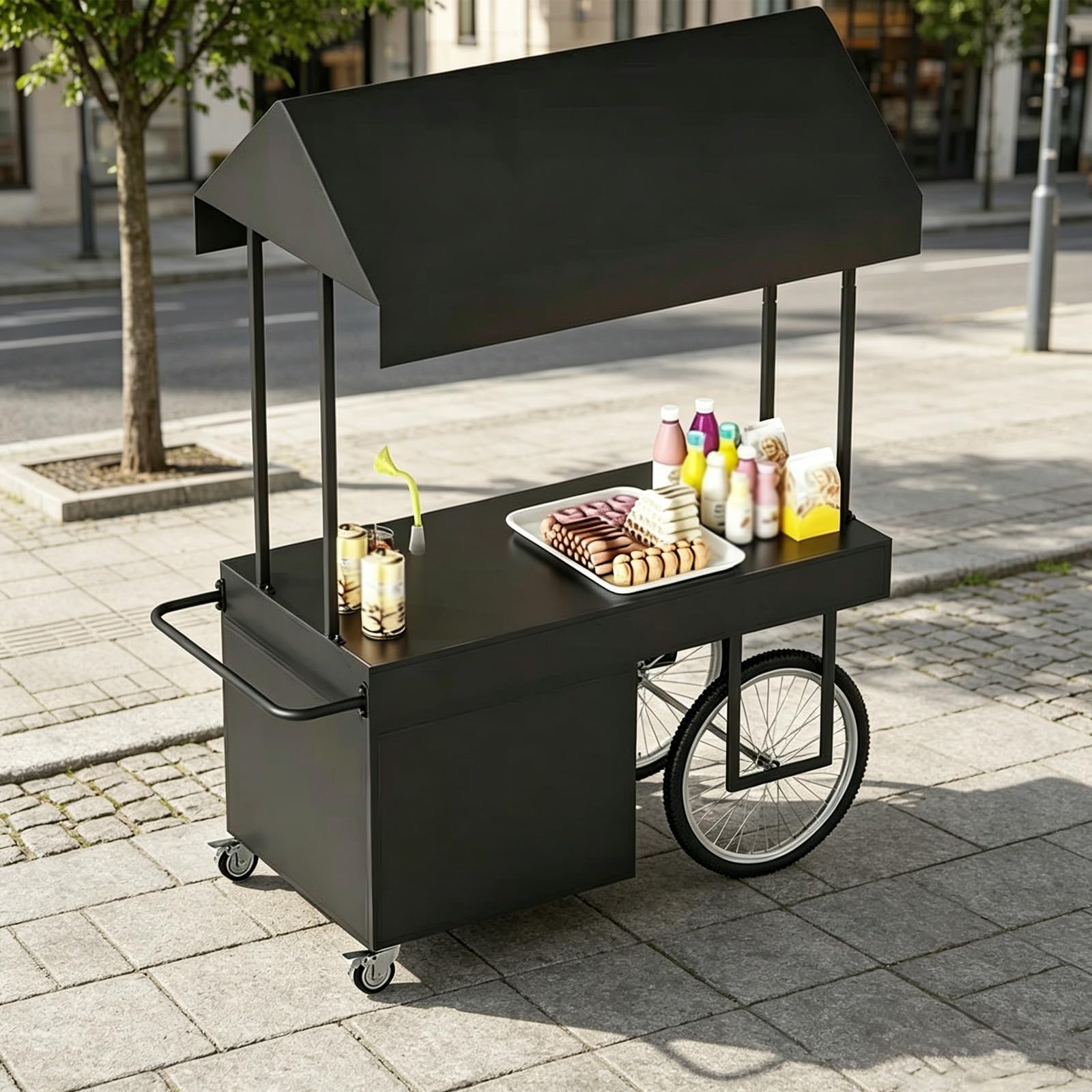 Mobile Food Stand with Canopy, Heavy-Duty Iron Vendor Cart Lockable Wheels, Perfect for Farmers Market, Street Food & Dessert Events