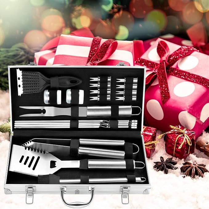 ROMANTICIST 20pc Heavy Duty BBQ Grill Tool Set in Case - The Very Best Grill Gift for Father's Day and Christmas - Professional BBQ Accessories Set for Outdoor Cooking Camping Grilling Smoking, Black