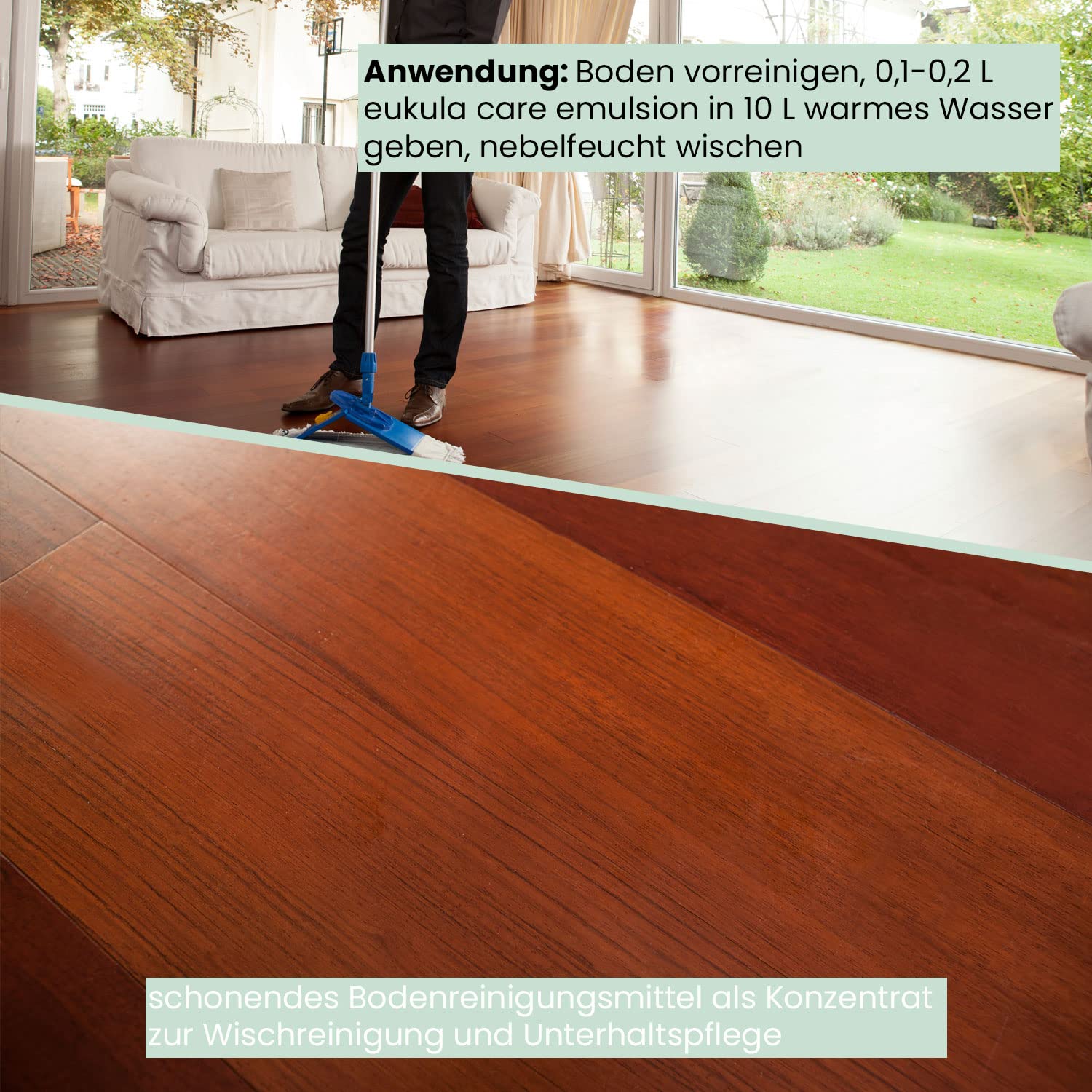 eukula care emulsion 2,5 L | Reinigung und Pflege von geölten Holz- und Korkfußböden | Holzbodenseife Konzentrat | schonender Holzboden Reiniger auf Seifenbasis