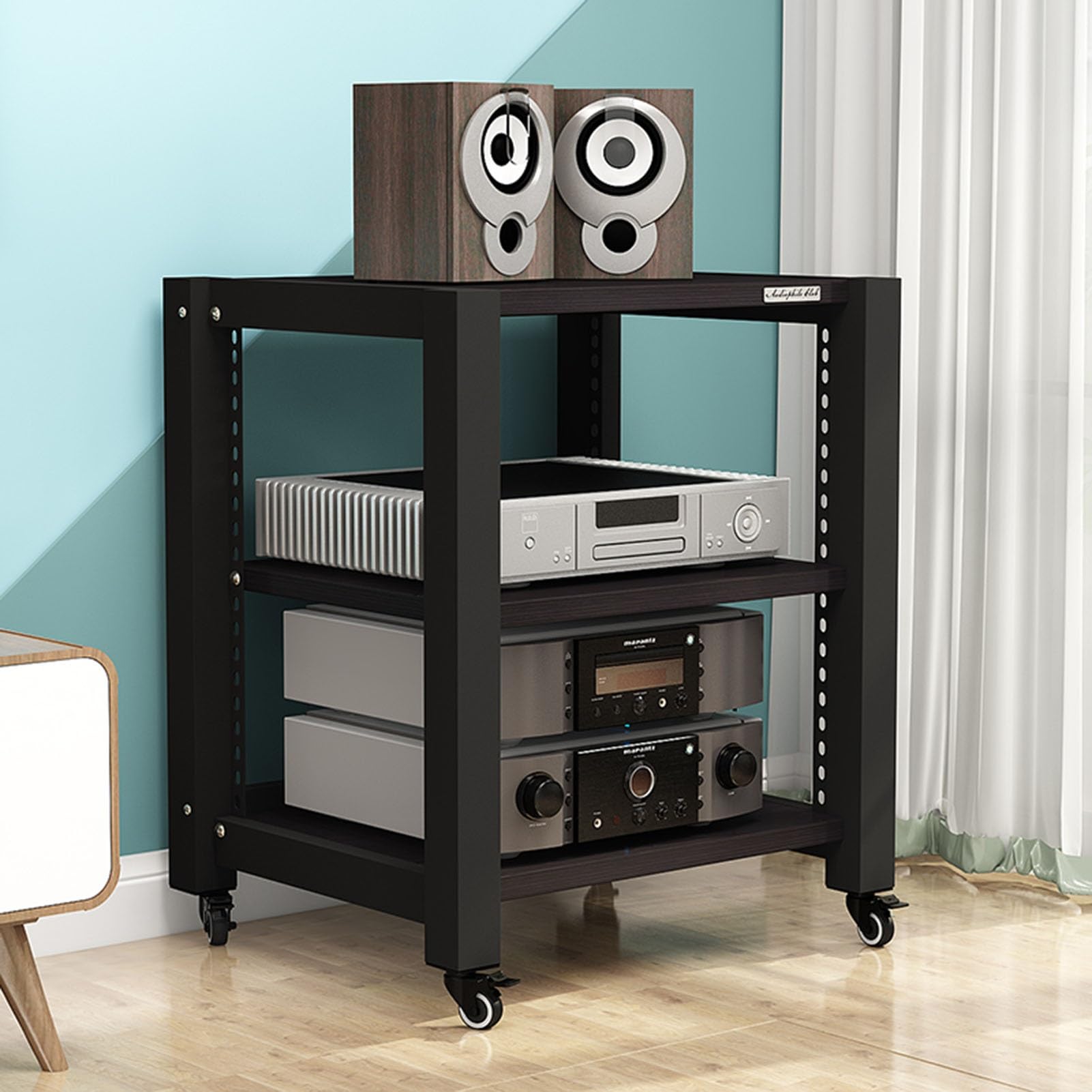 2/3/4/5-Tier Movable AV Media Stand CD Player Stand Audio Tower Hi-Fi Rack Stereo Component Cabinet with Height Adjustable Wooden Shelf for Home/Office/Theater, 4 Colors(Color:A,Size:3-Tier)