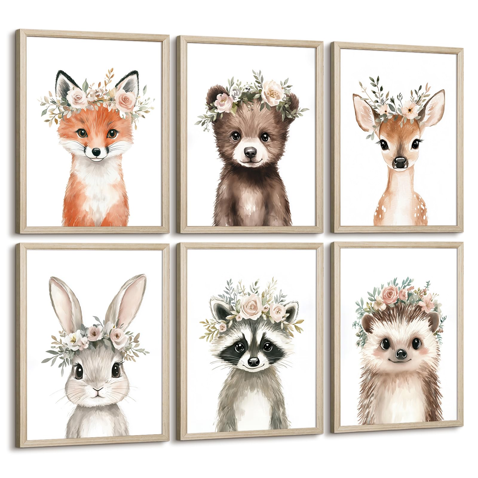 Woodland Animal Nursery Wall Art Decor Baby Girl Room Pictures Floral Crown Animal Canvas Wall Art Decor Safari