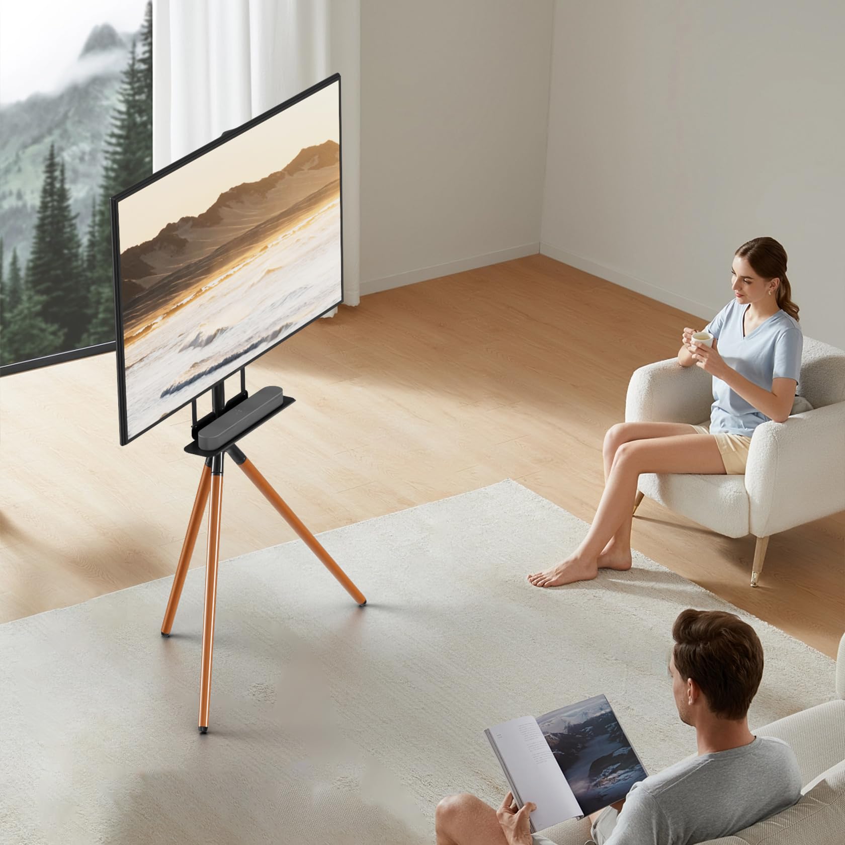 UPGRAVITY Cavalletto per TV a schermo piatto da 45-65", treppiede regolabile in altezza con ripiano soundbar, supporto da pavimento portatile per TV con fascette per cavi, girevole a 180°, max. VESA