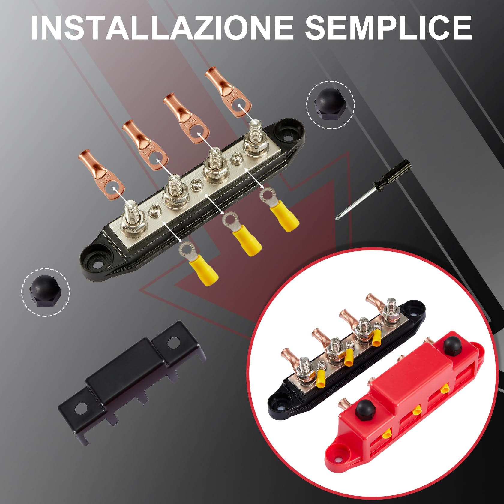 Pindex Blocco di Distribuzione M8, 250 AMP DC 12-48 V, 4 Bulloni M8, Barra di Raccolta 12 V, Rosso e Nero, Per Camper, Navi, Yacht, Auto, Camion