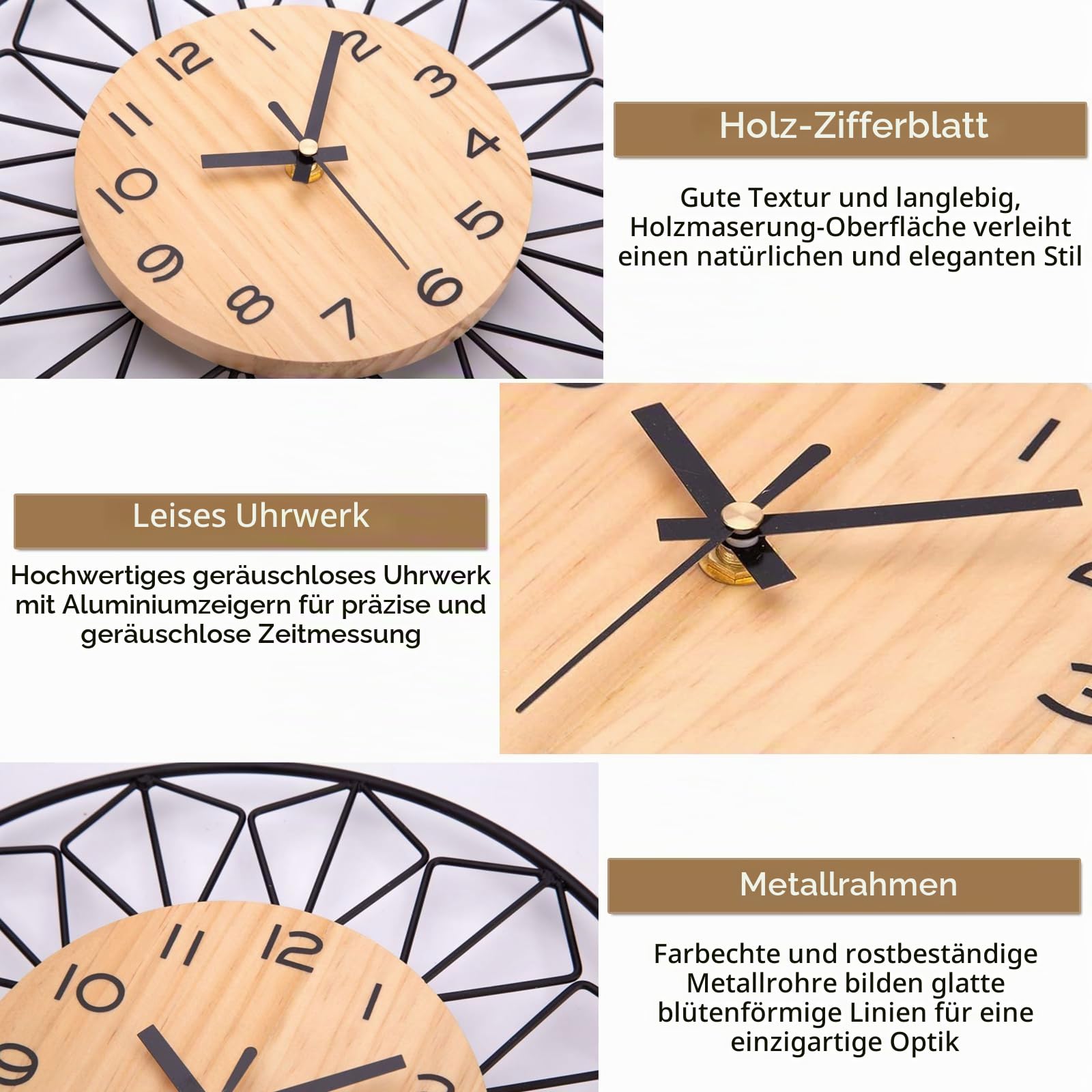 VIVILINEN Große Wanduhr Holz 40cm mit Metallrahmen Wanduhr Lautlos | Moderne Wanduhr ohne Tickgeräusche Ausgefallene Wanduhren für Wohnzimmer, Küche, Büro, Quarzwerk, Batteriebetriebene