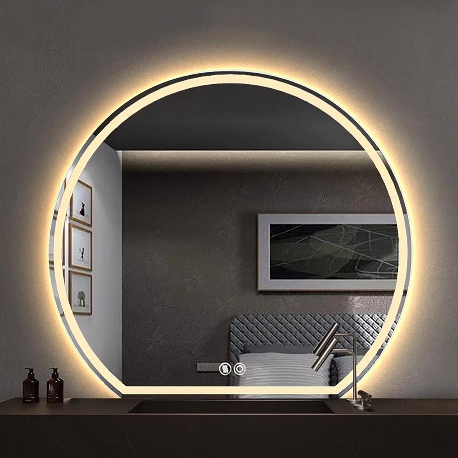FGXHHS LED Semi-Circular Anti-Fog Vanity Mirror with 3 Color Changing Lights, HD Explosion-Proof, Backlit Illuminated Wall for Modern Bathrooms, Shaving & Makeup, 70x63cm