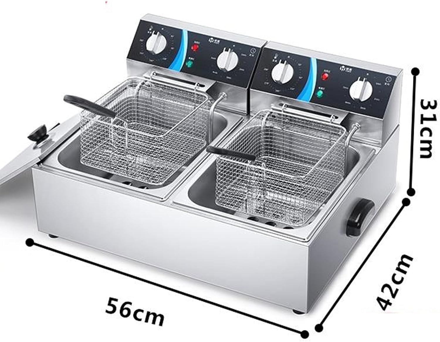 Friggitrice commerciale, friggitrice commerciale, friggitrice elettrica a doppia vasca con 2 cestelli e coperchi, friggitrice elettrica da banco in acciaio inox spesso per cucina domestica e ristora