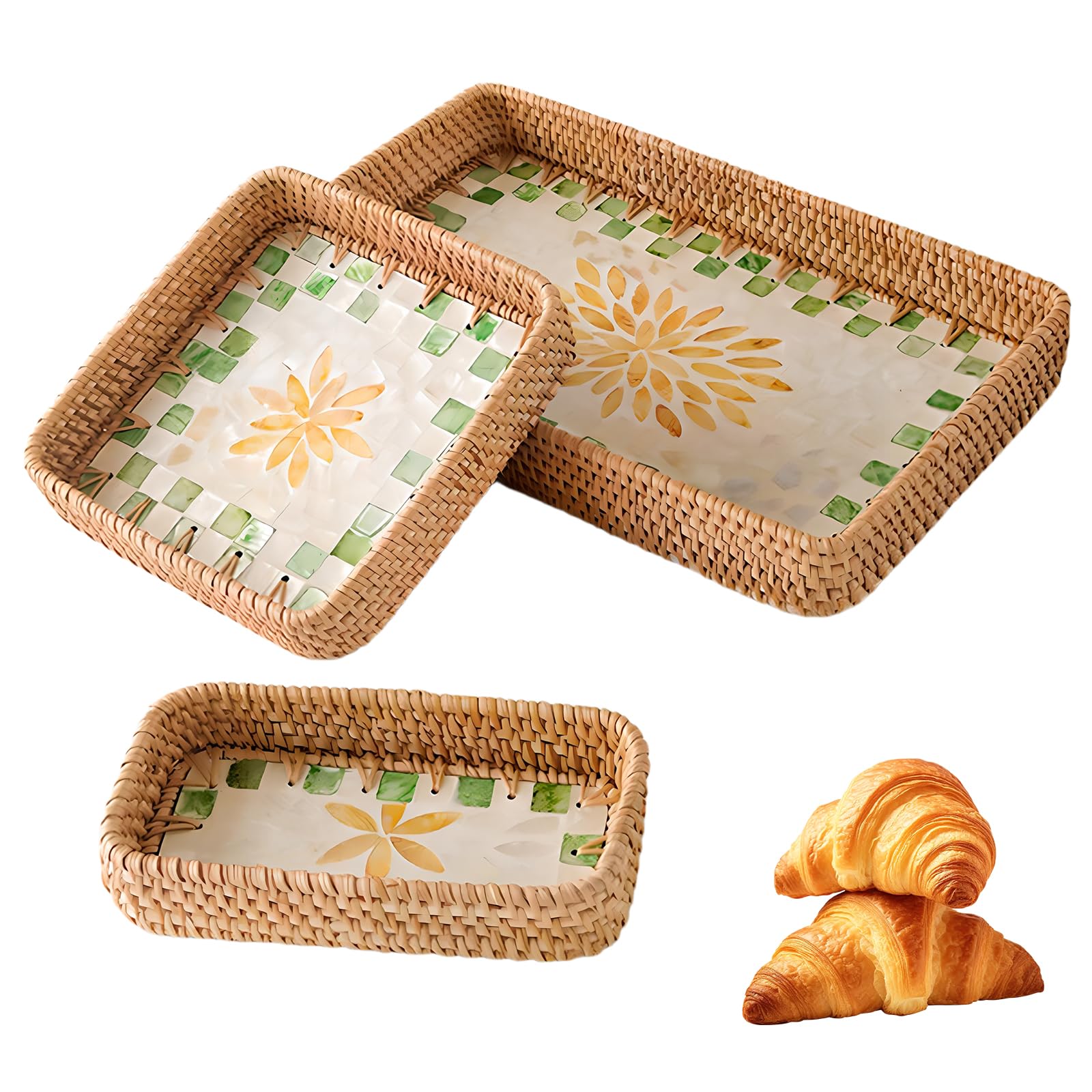 Rattan Serving Tray Rectangular, Vintage Tray Mosaic Shell Set of 3, Decorative Trays for Coffee Breakfast Tea Drinks Candles Jewelry, Rattan Storage Basket for Kitchen Bathroom Cafe