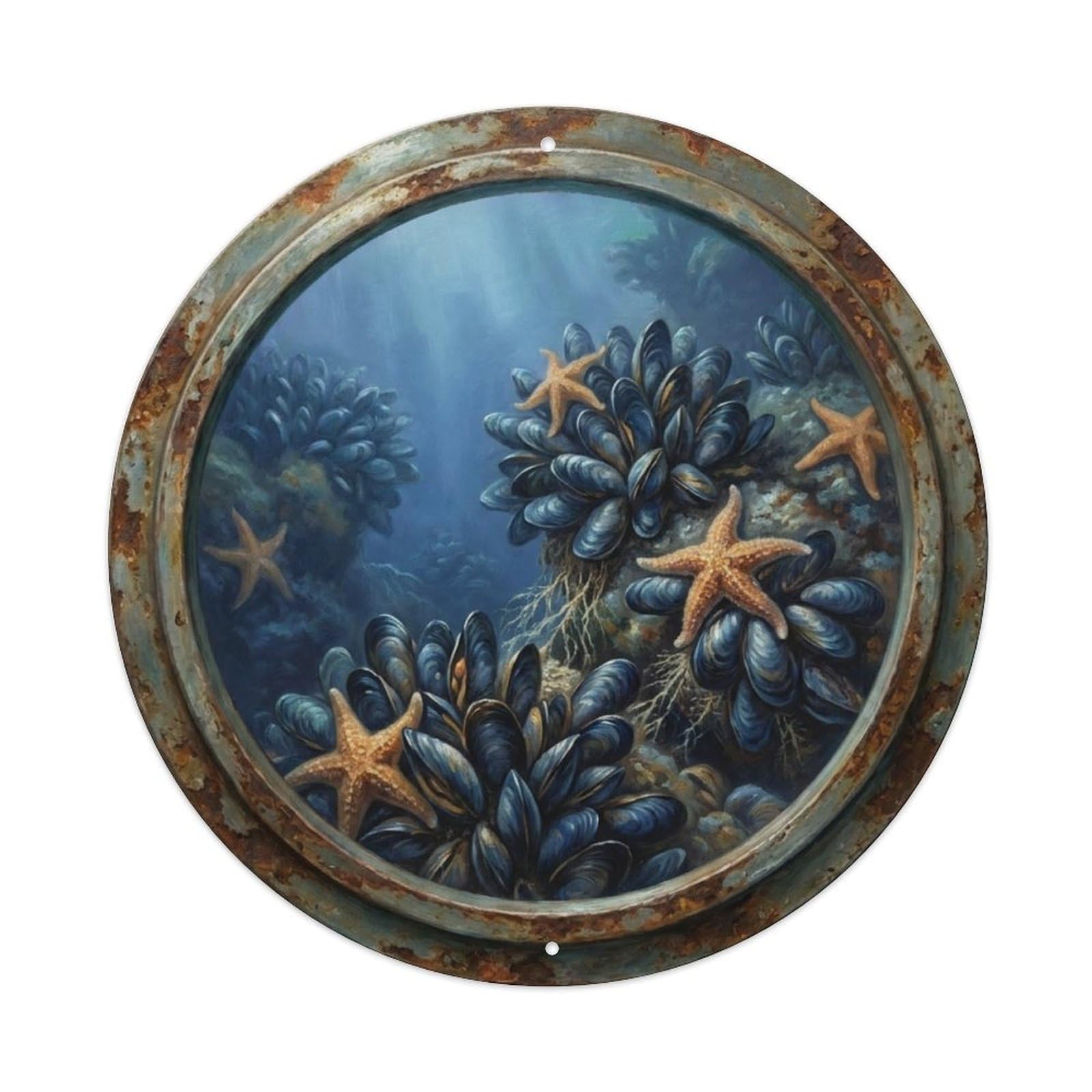 Vintage Porthole Mussel Clump Ship Window Undersea Deep Sea Metal Tin Sign