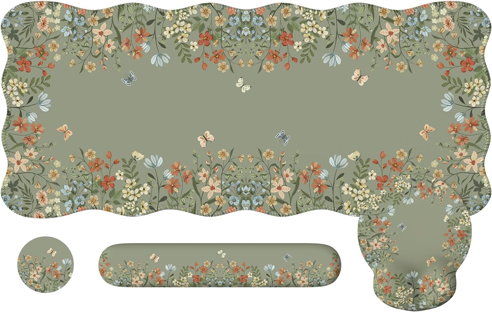 Desk Mat Set,Large Mouse Pad with Wrist Rest,Ergonomic Keyboard Wrist Support for Women,Girly Floral Computer Mat with Scalloped Edges,Non-Slip Desk Pad Home Office Gaming (Green)