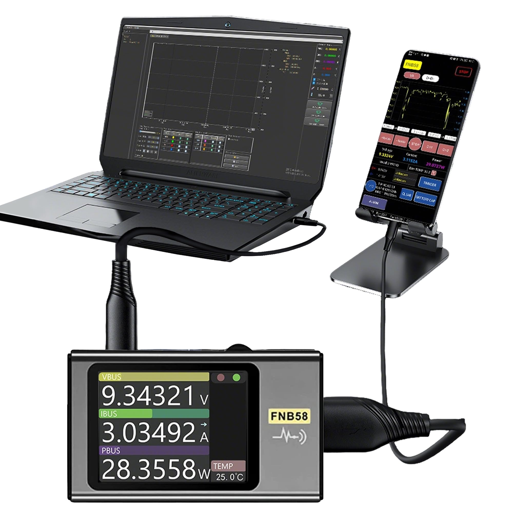 FNB58 Comprobador USB 4-28 V, 7 A USB Tester,Detección rápida de Type-C Tester Electricista,Voltímetro Digital,Pantalla IPS de 2,0 pulgadas,PD 2.0/PD 3.0,QC 2.0/QC 3.0 (sin Bluetooth)