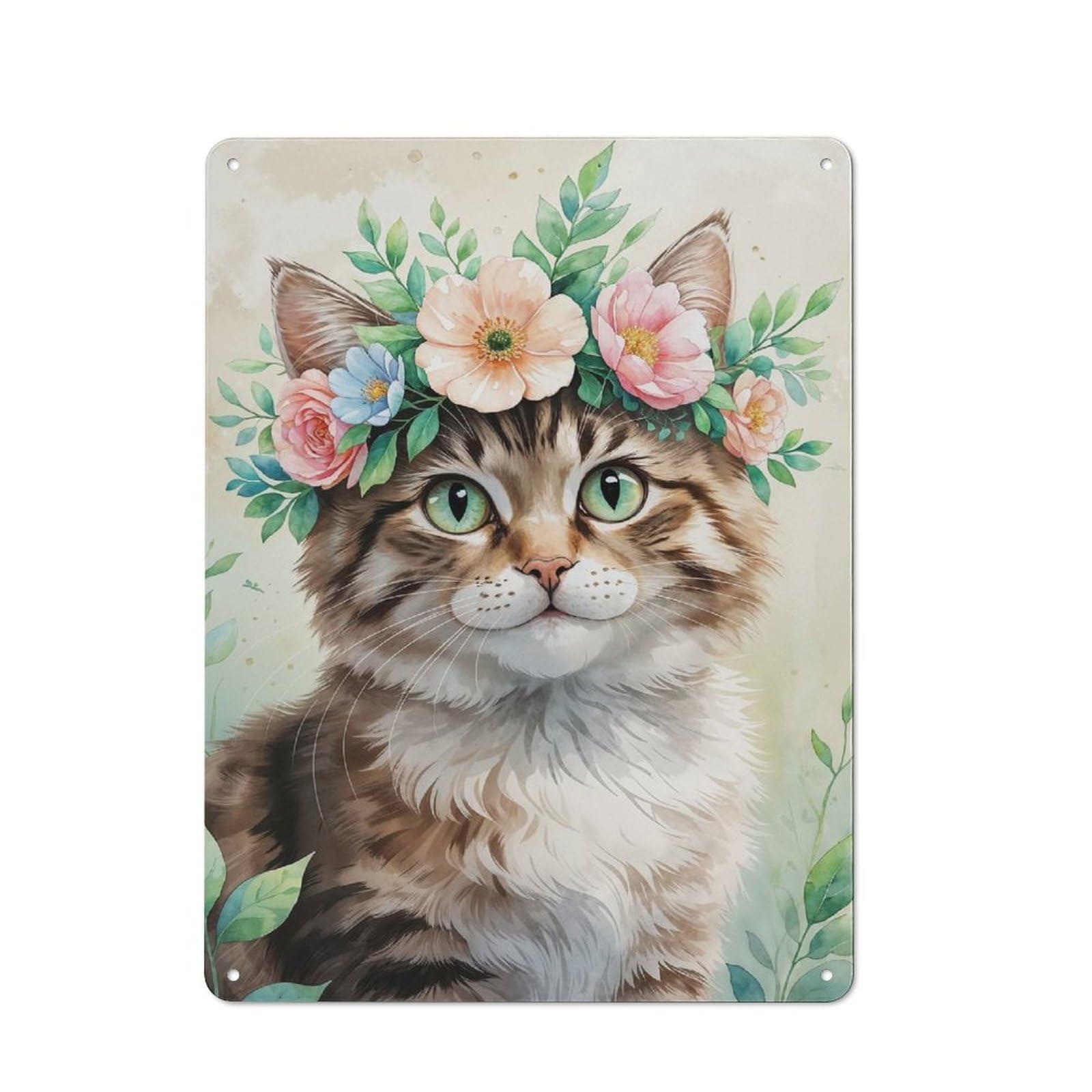 Vintage Tin Sign 40x30cm Featuring Cute Cat with Flower Crown Watercolor for Bar Or Restaurant, A Decorative Christmas Gift for Bar Decor Enthusiasts