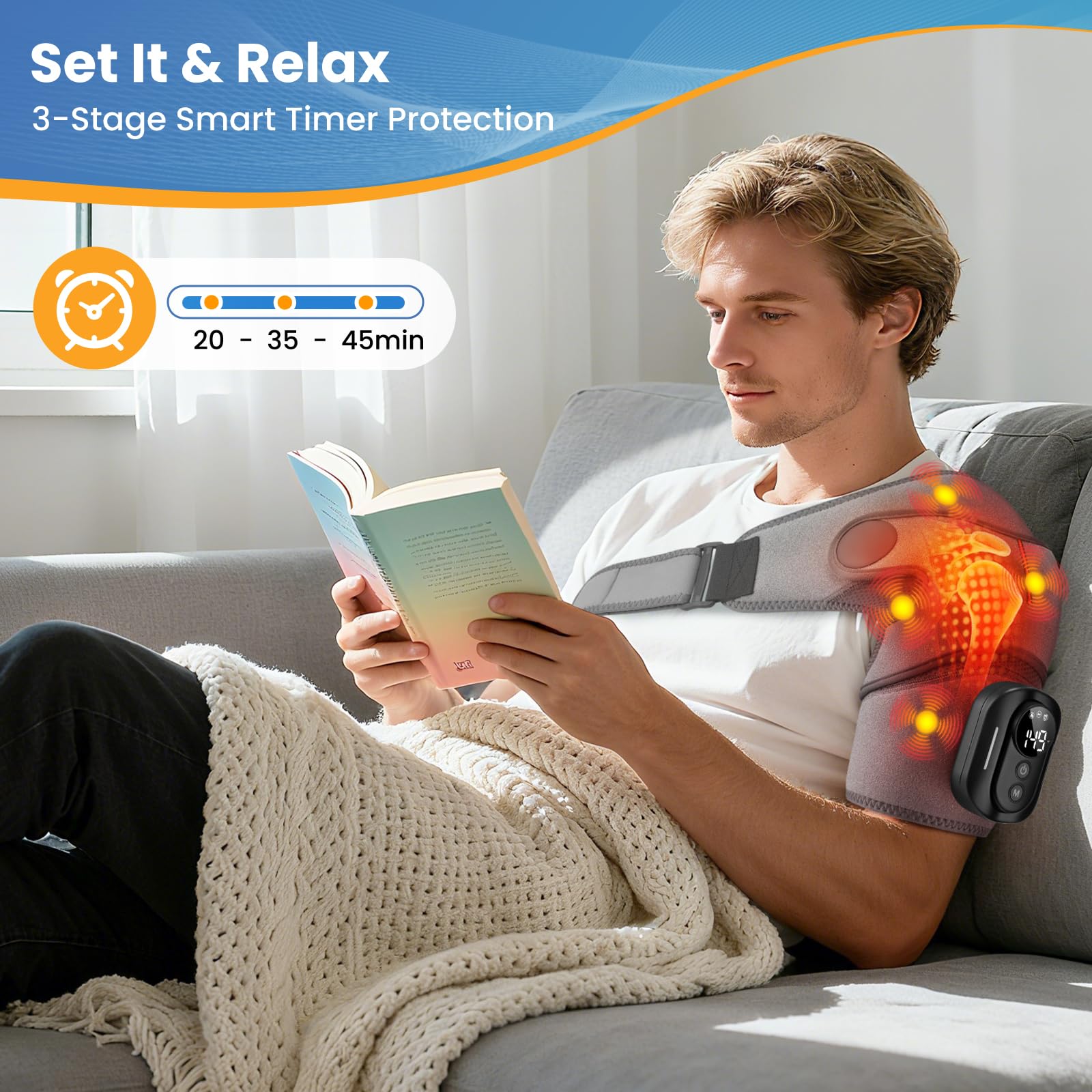 Hewelth Triple Method Schulter-Massagegerät, 5 einstellbare Wärme- & Vibrationsmodi, 5000mAh Dreifach-Methode Schultermassagegerät mit Fernbedienung, 3-Gang-Timer, ideal für Zuhause, Büro (Grau)