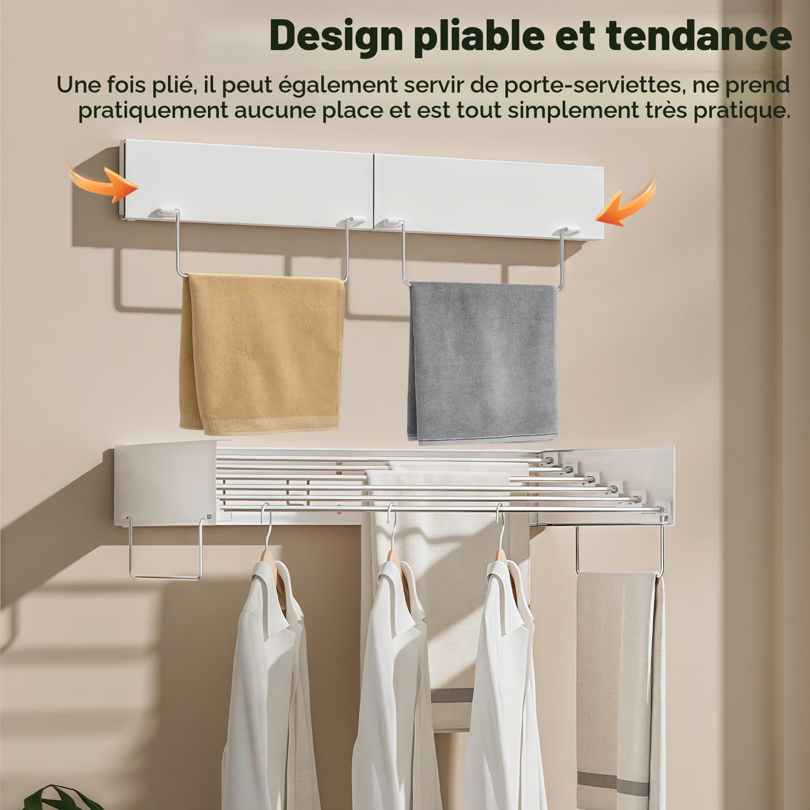 Etendoir a linge mural, sechoir linge mural pour sécher les vêtements, 39,4'', capacité de charge de 110 lb, avec gabarit mural, tournevis, foret pour organisation intérieure et extérieure (100cm)