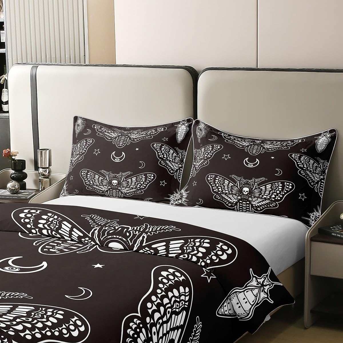 Loussiesd Boho Moth 100% Baumwolle Bettwäsche Set 135x200cm Gothic Schädel Betten Set für Frauen Schlafzimmer Dekor Bohemian Mondstern Bettbezug Set Personalisierte Moth Schädel Skelett Knochen