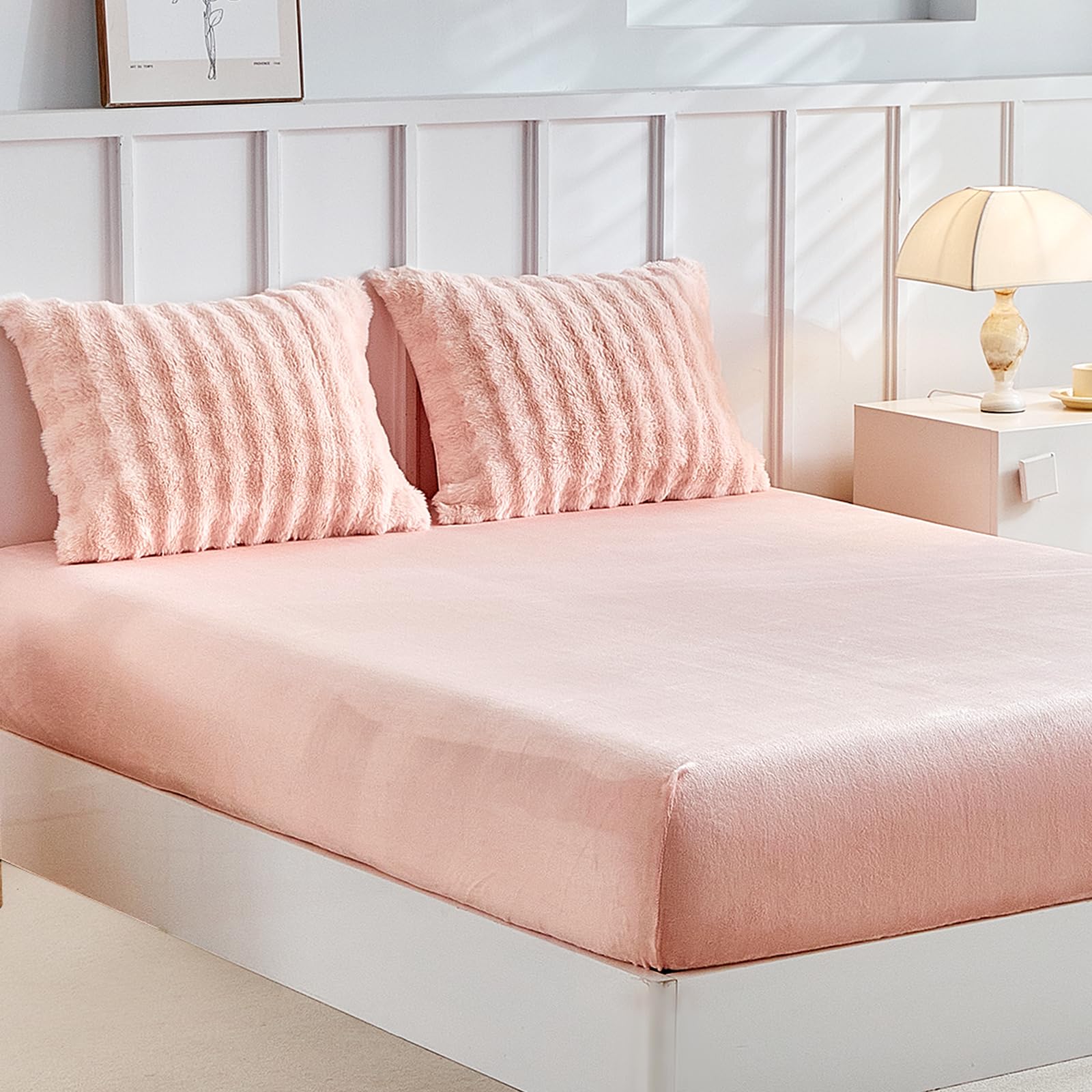 Tokokimo Teddy Fleece Fitted Sheet for Double Bed Fluffy Bedding - Cozy Faux Fur Fluffy Pink 35cm Deep Fitted Bed Sheets with 2 Envelope Pillowcases, 135x190 cm (Fits Mattress Up to 35cm Deep) โ image 1