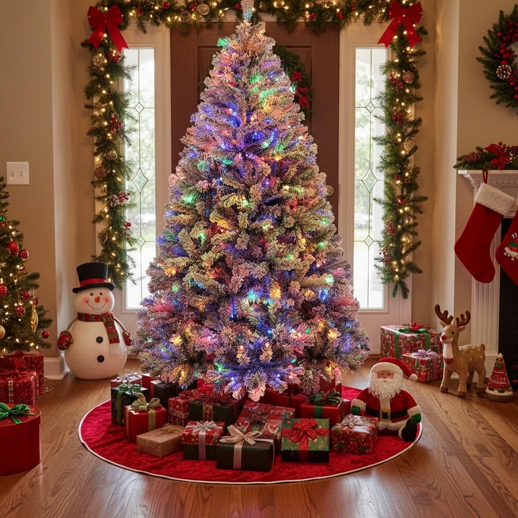 180cm Sapin de Noël Artificiel Enneigé 250 LED RGB Premium Arbre de Noël avec Support Métallique Pliable 1000 Pointes de Branches Décoration Festive Blanc 2025
