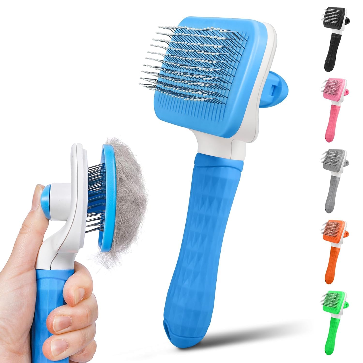 Pet Grooming Brush, Blue - Self Cleaning Hair Brush for Dogs and Cats, Removes Loose Undercoat, Bristles with Massage Particles, Ergonomic Handle, For Long or Short Hair Breeds