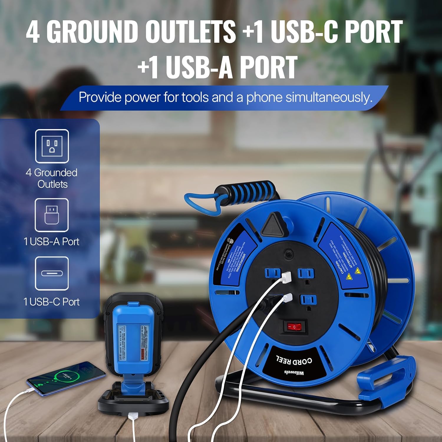 60 FT Retractable Extension Cord Reel and Extension Cord Storage Reel with 4-Grounded Outlet & 2 USB Port Bundle, for Indoor Outdoor Use U60ACR06-R85CR06