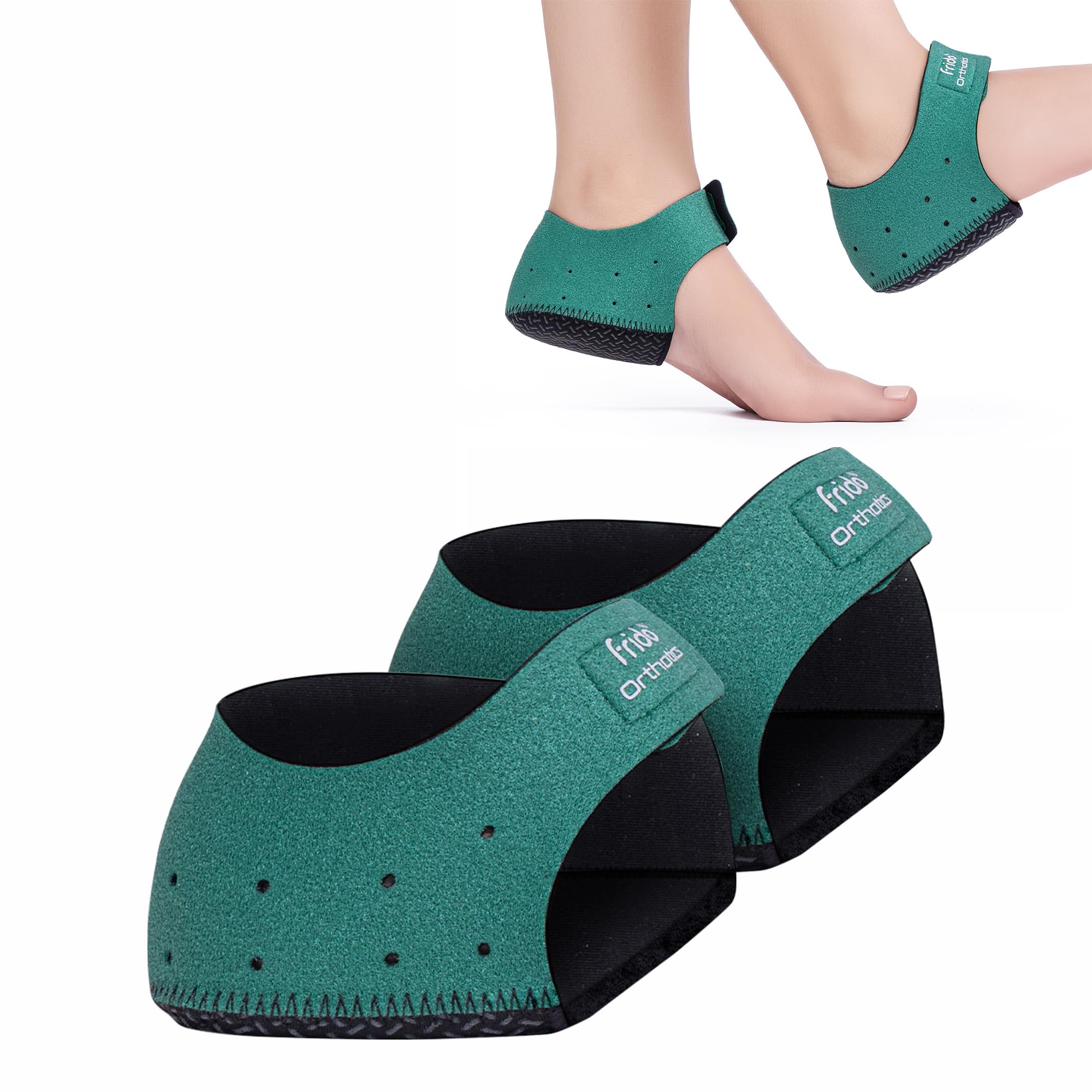 Frido Orthotics Heel Protector for Heel Pain Relief | Gel Heel Pad with Velcro Strap | Anti-Slip Heel Cup Cushion for Men & Women | Plantar Fasciitis, Heel Spurs, Shoe Bite Support | Green | Size - L
