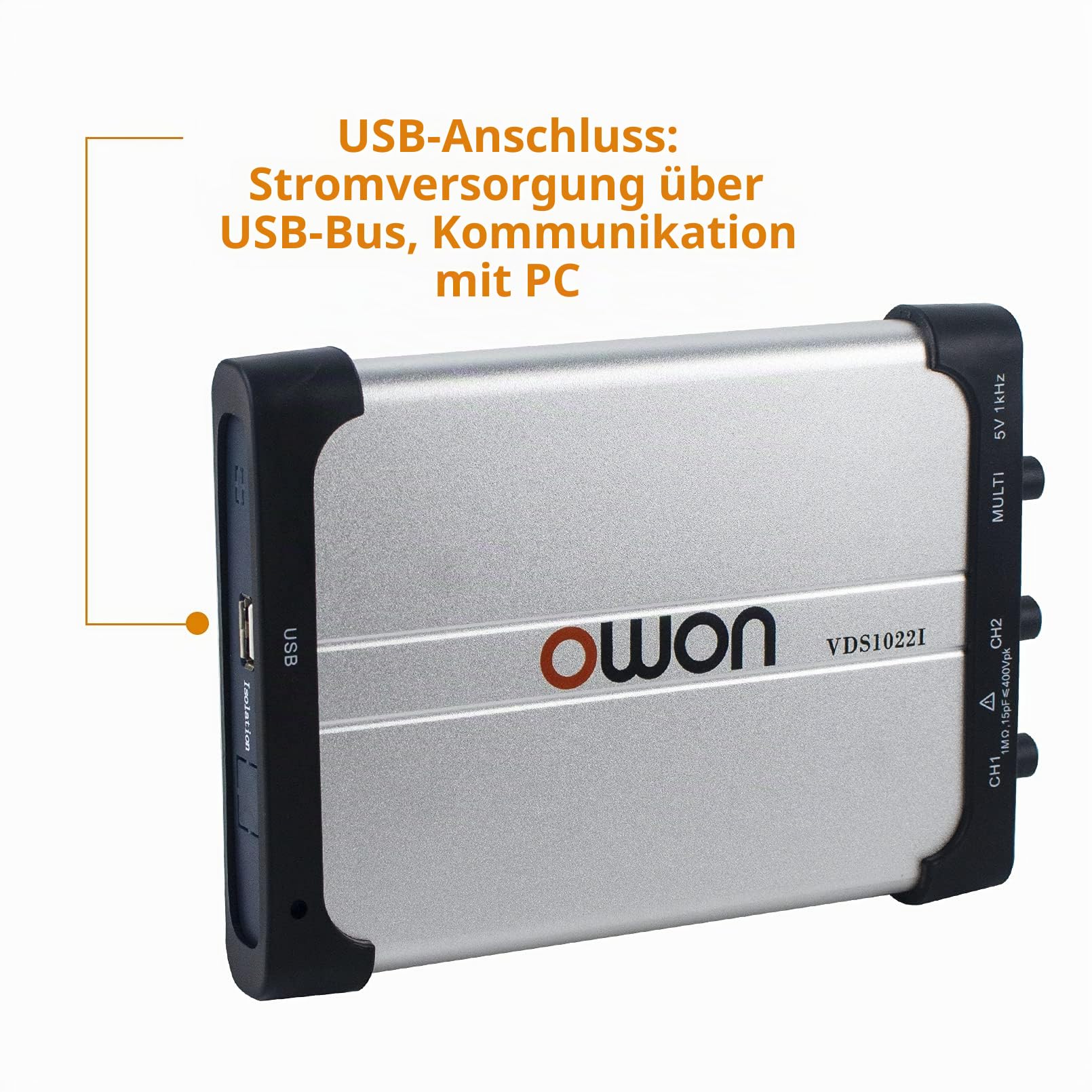 OWON USB-Oszilloskop VDS1022I PC-basiert, 2 + 1 (Multi) Kanäle, Tragbar, Virtuell, 25 MHz Bandbreite Mit Kanalisolierung, Für Heimwerker Und Automobil