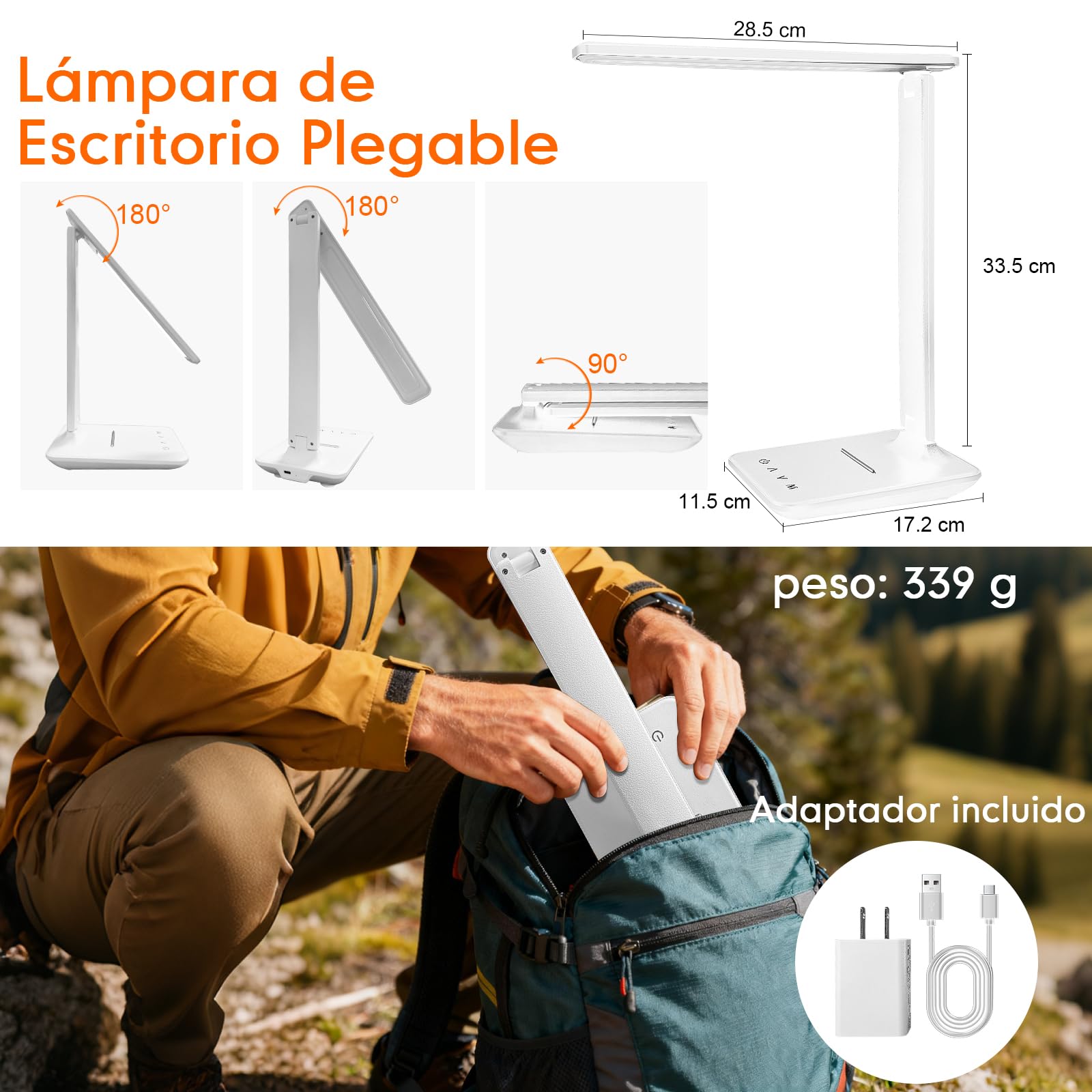 karidi Lámpara de Escritorio LED Recargable 4000mAh, 45 LEDs con Protección Ocular, 5 Modos de Color y 5 Niveles de Brillo, Control Táctil, USB-C, Plegable, Plegable para Oficina y Estudio (Blanco)