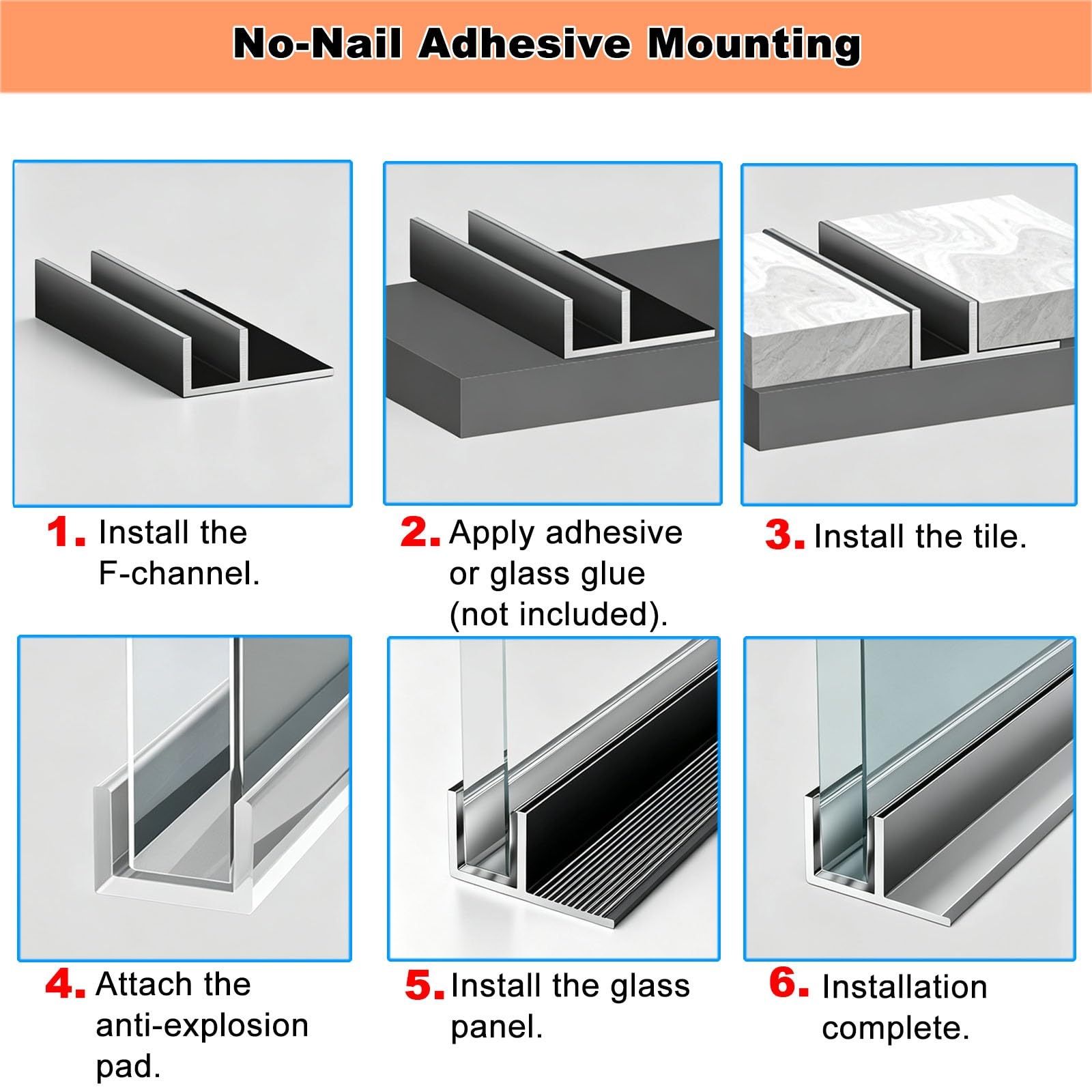 Profil aluminiowy F do prysznica Heavy Duty | Z PVC nizione pasuje do szklanych ścianek prysznicowych 8/10/12 mm (12 mm czarny, 240 cm / 94.5 in/94,5 cala)