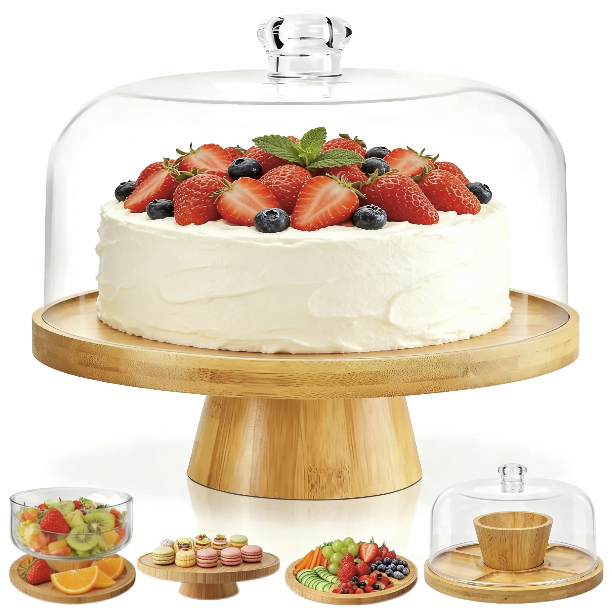 Bamboo Cake Stand with Acrylic Dome Lid, 29 cm Round Dessert Display