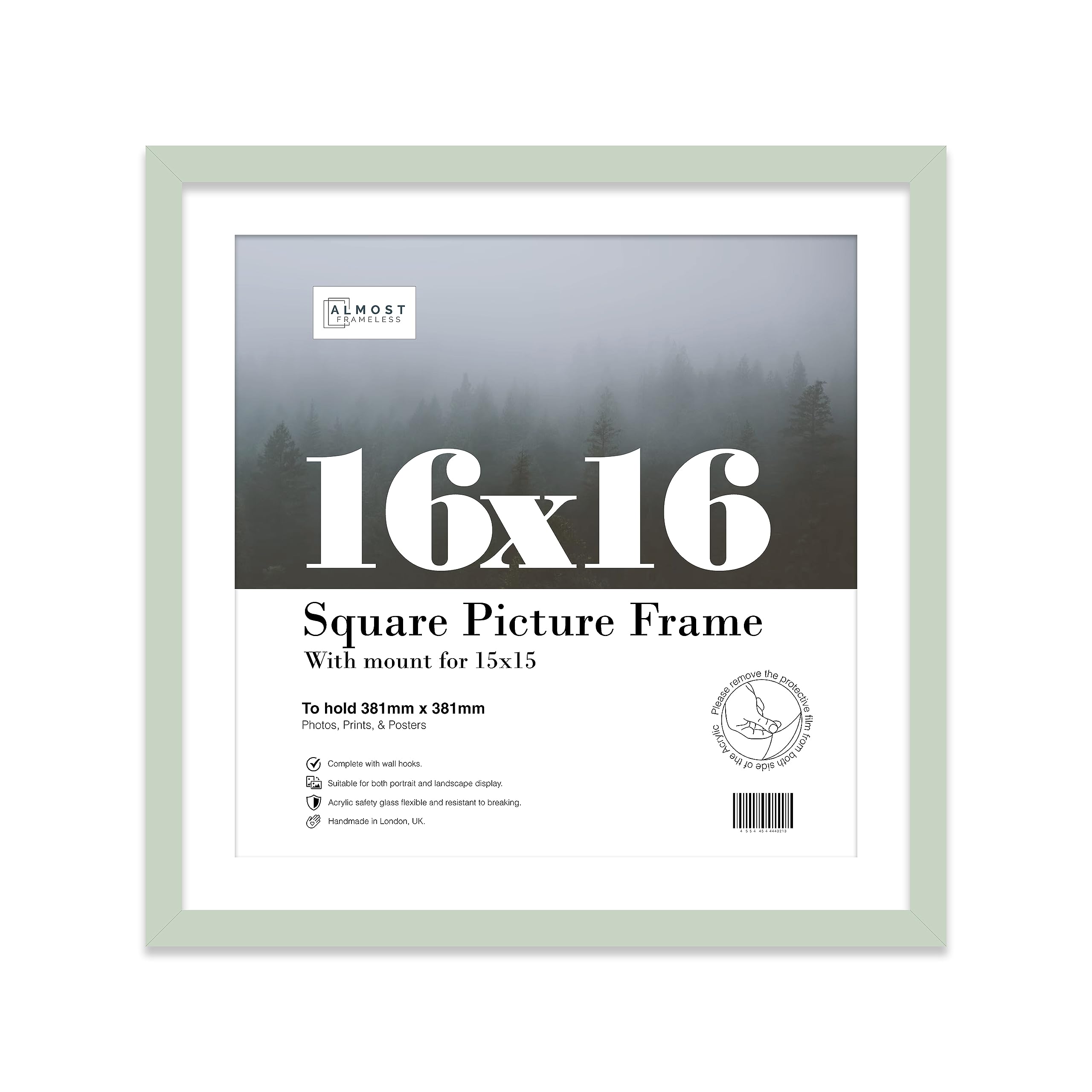 Almost Frameless 16x16 Picture Frame, Display Pictures 15x15 With Mat or 16x16 Without Mat, Wall Hanging Photo Frame, Mint, 1 Pack
