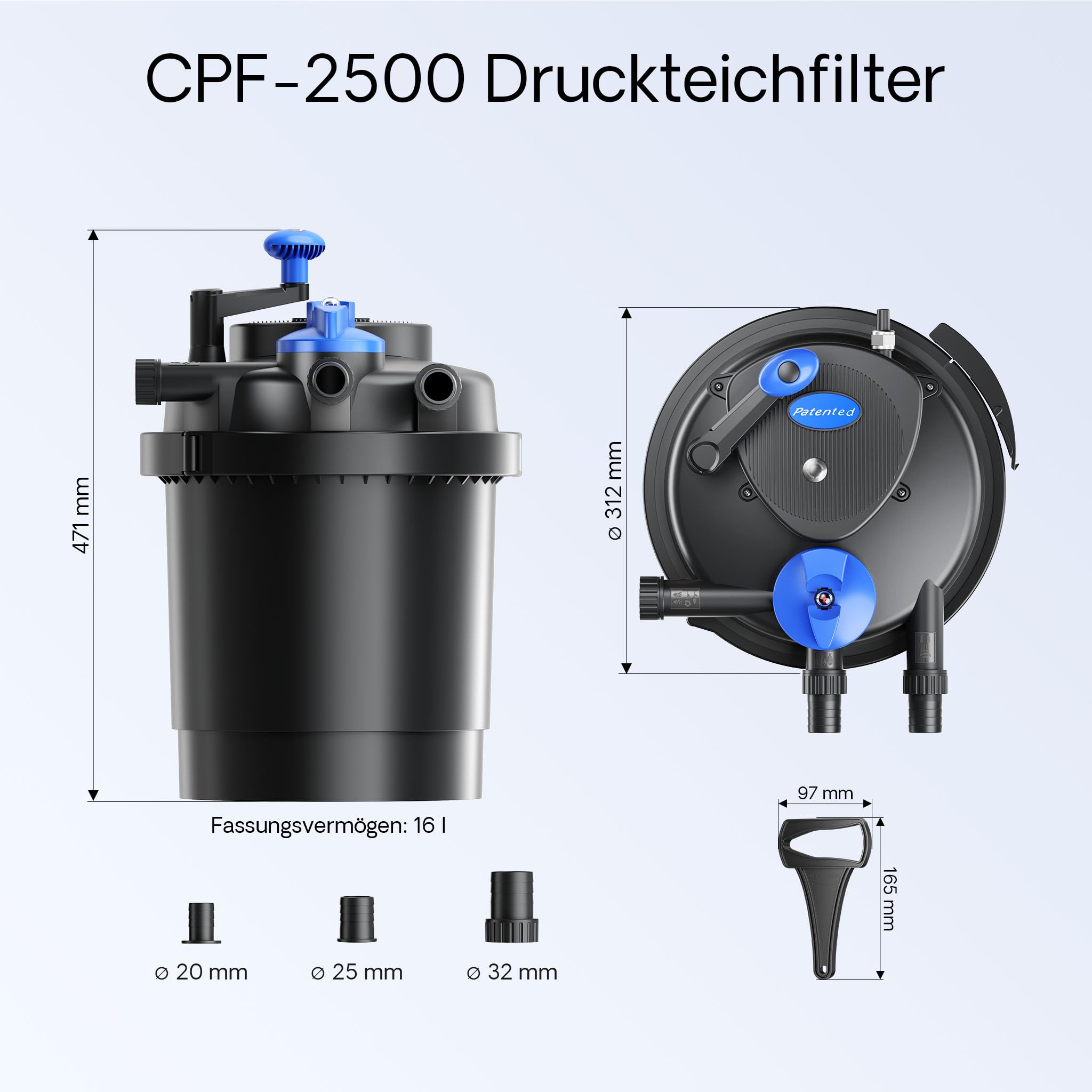 SunSun Komplettset: CPF-2500 Teichdruckfilter bis 6000 L mit 11 Watt UV-C Teichklärer, NEO-2800 SuperECO Teichpumpe 3000l/h 10W, 5m Teichschlauch 32 mm (1 1/4"), Schlauchschellen W1 44-47mm