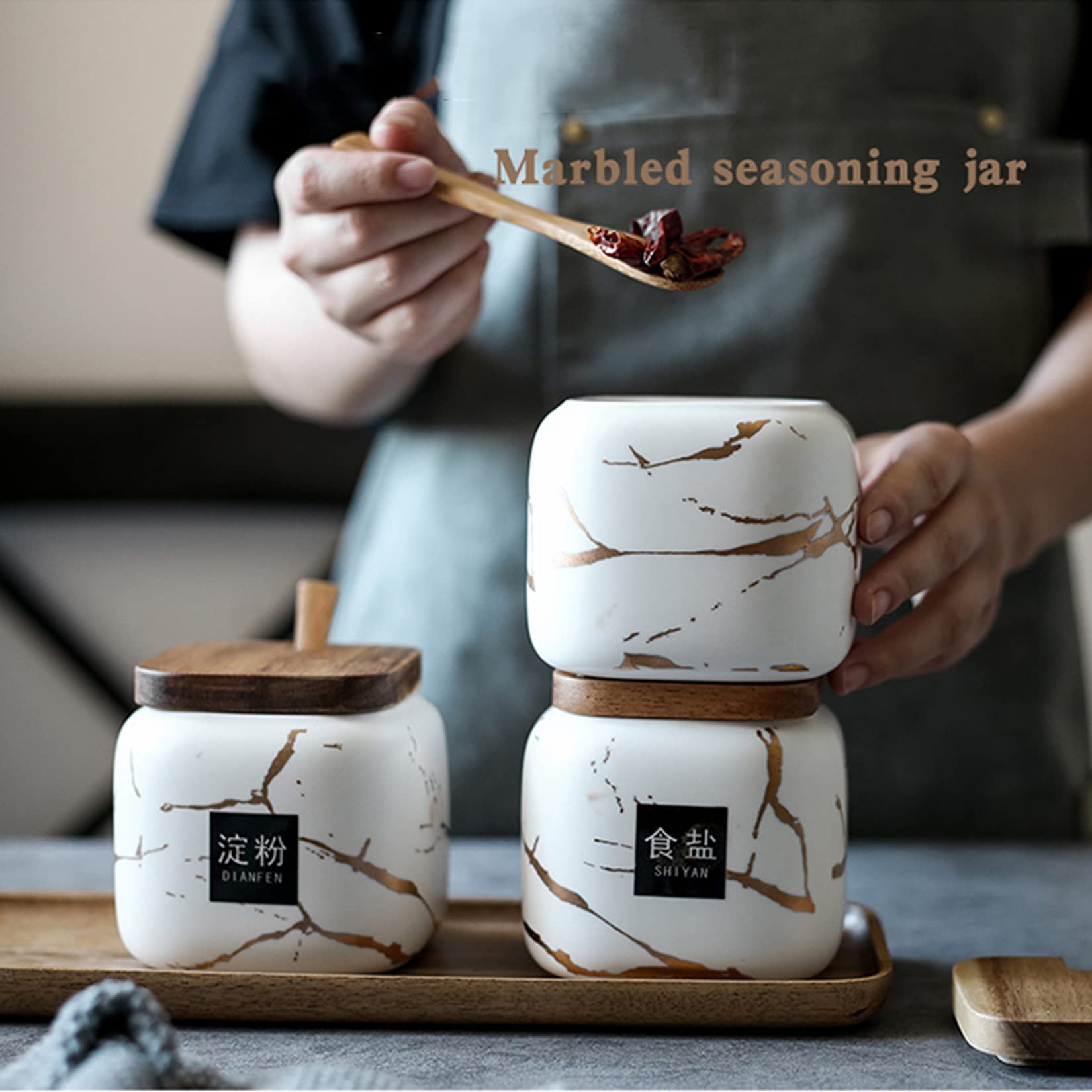 Pots à épices en céramique marbrés 3 pièces contenants de Stockage d'épices avec couvercles et cuillère Boîte à épices de 300 ML avec ustensiles de Cuisine en Bois pour étagères à épices,Blanc