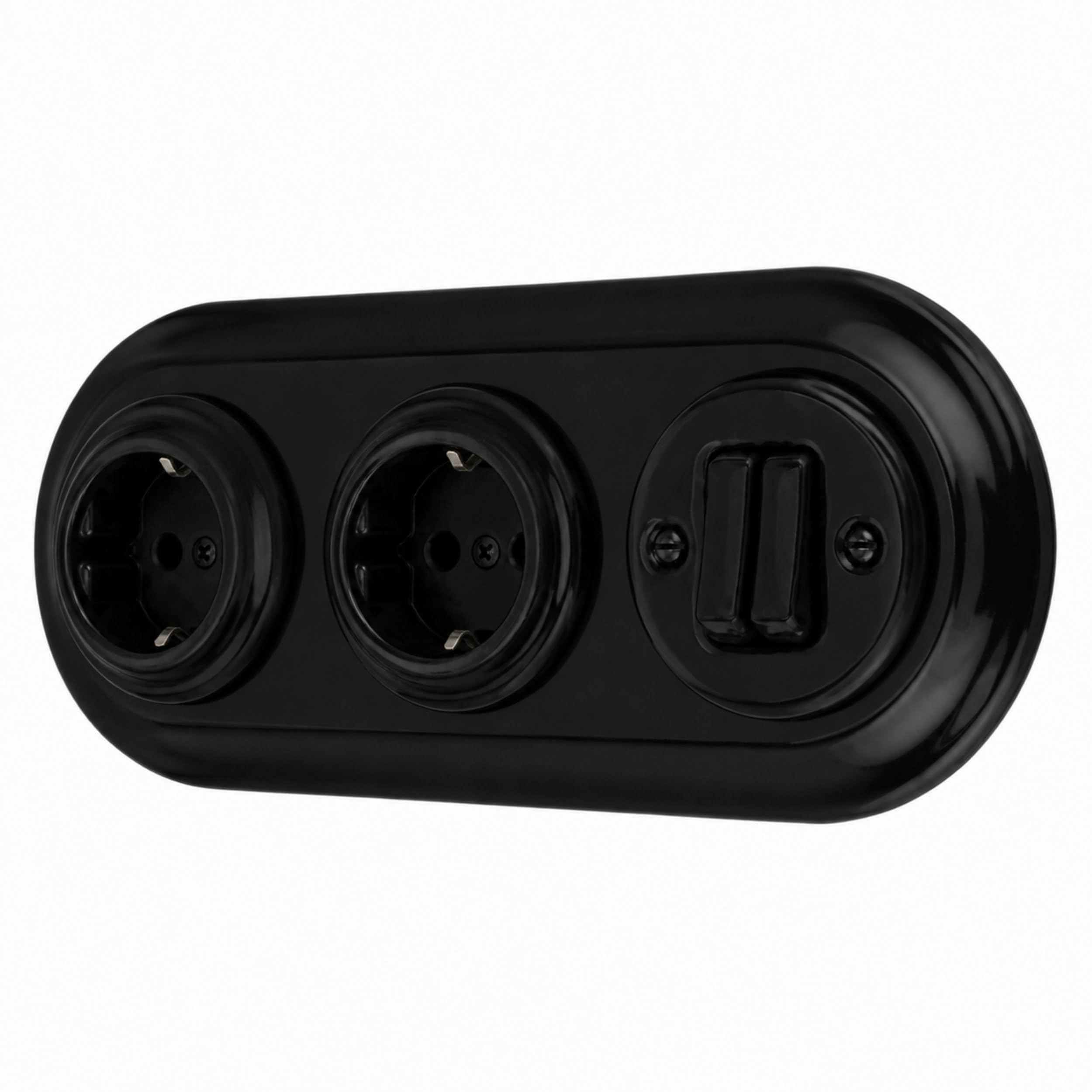 Presa da incasso in porcellana retrò, doppio interruttore, 3 prese, All-in-One, set serie PR1, nero