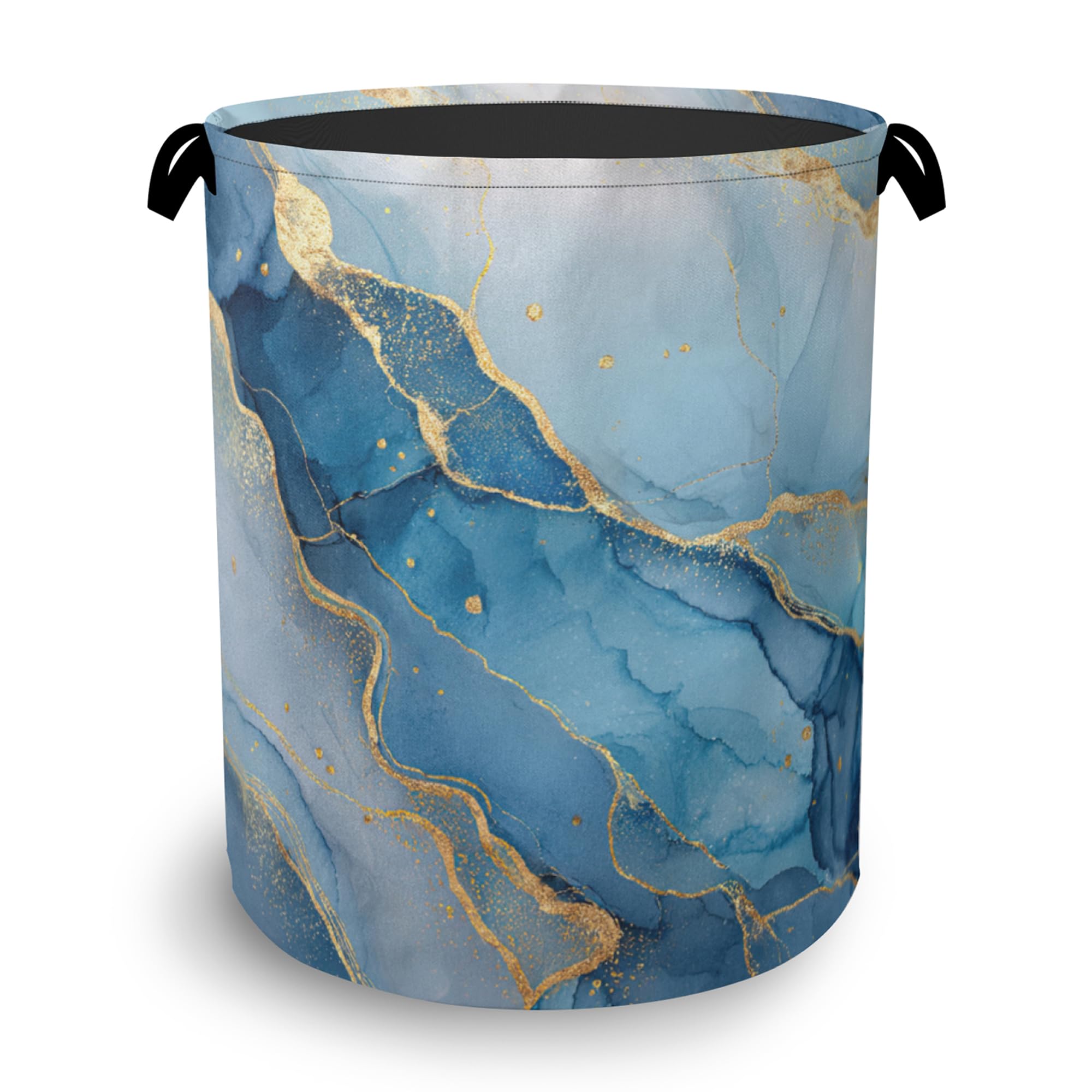 Blue Gold Marble Laundry Basket,Foldable with Handles Tote Bag Oxford Cloth for Bathroom Bedroom Dirty Clothes Storage Bucket 16" x 20.8"