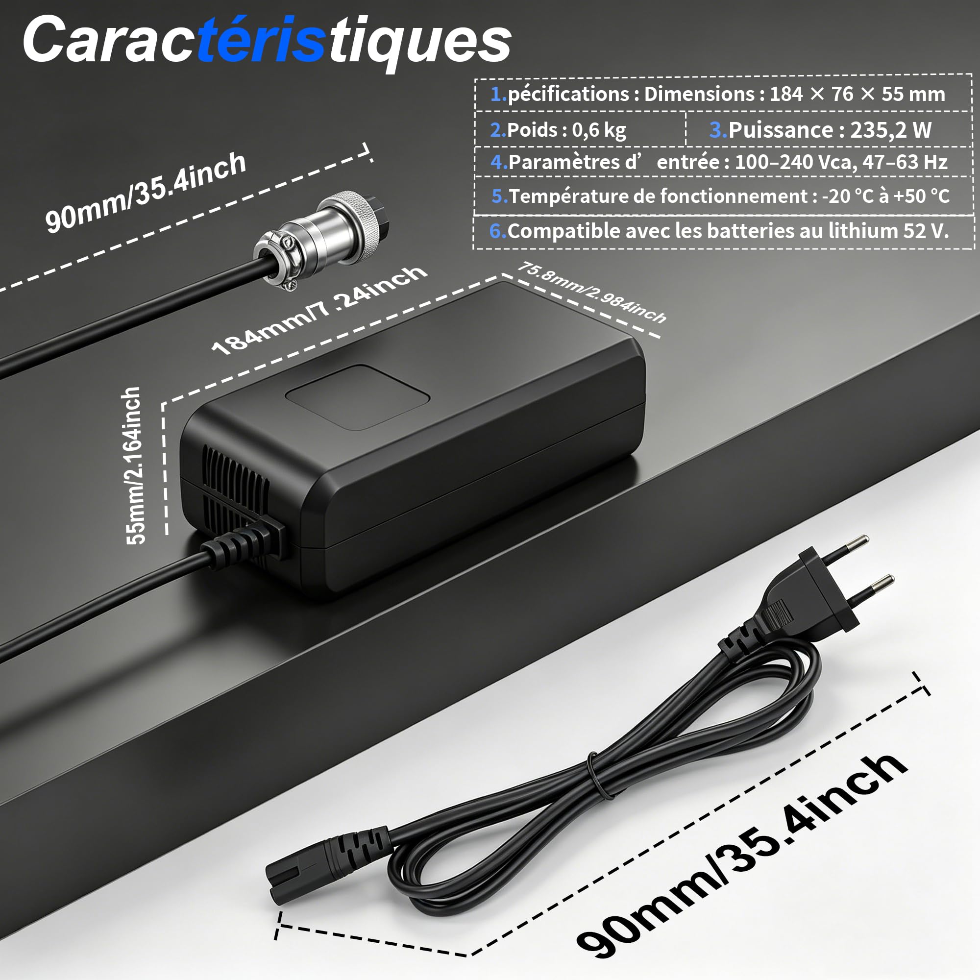 Chargeur 58,8V 4A Compatible Batterie Lithium 52V pour vélo électrique | Compatible trottinettes électriques, équipé d'écran numérique, ventilateur de refroidissement et connecteur GX16-3