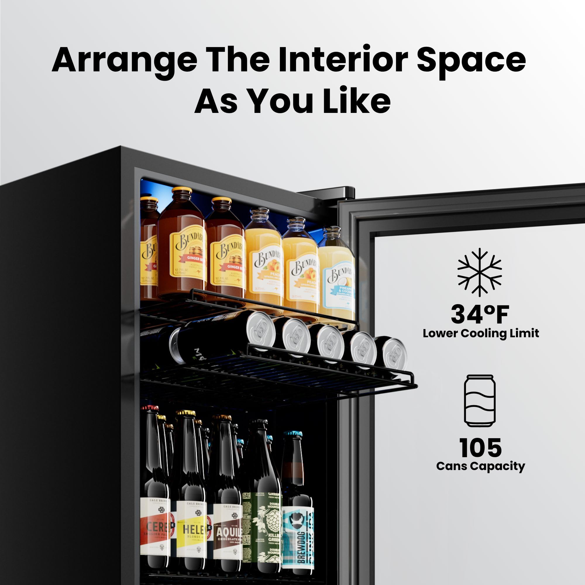 YEEGO Beverage Refrigerator, 105 Can Mini Fridge With Glass Door, Adjustable Shelves, Digital Temperature Control 34°F-54°F, Drink Cooler For Soda, Beer And Wine, Freestanding Or Under Counter, Black on Fridge.com - View 4