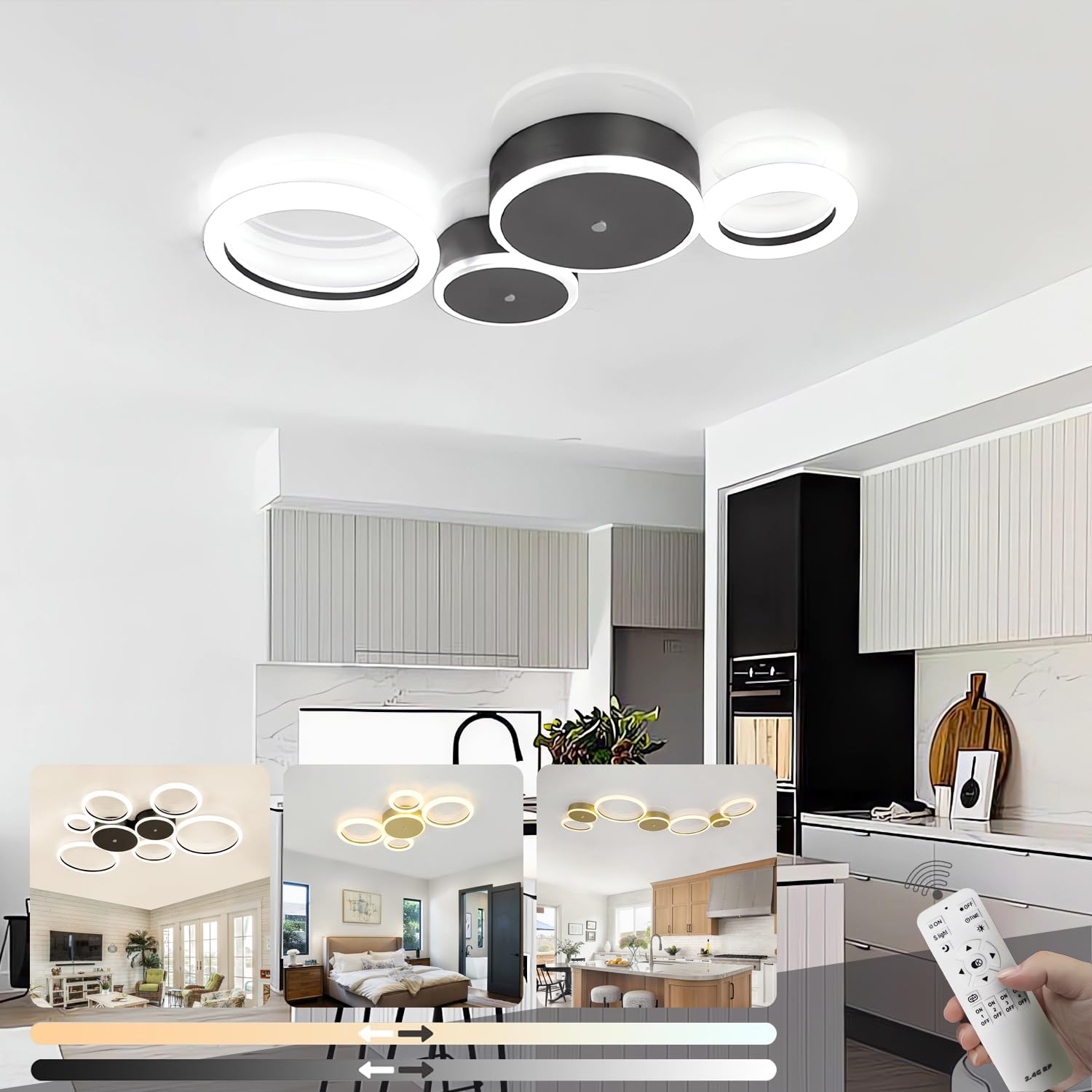LIYYANG Modern LED Ceiling Light Living Room Ceiling Lamp Dimmable 3000K-6500K Ceiling Lighting with Remote Control Bedroom Light‌ Circular Ceiling Lights for Office Dining Room Study(Black,4-Ring)