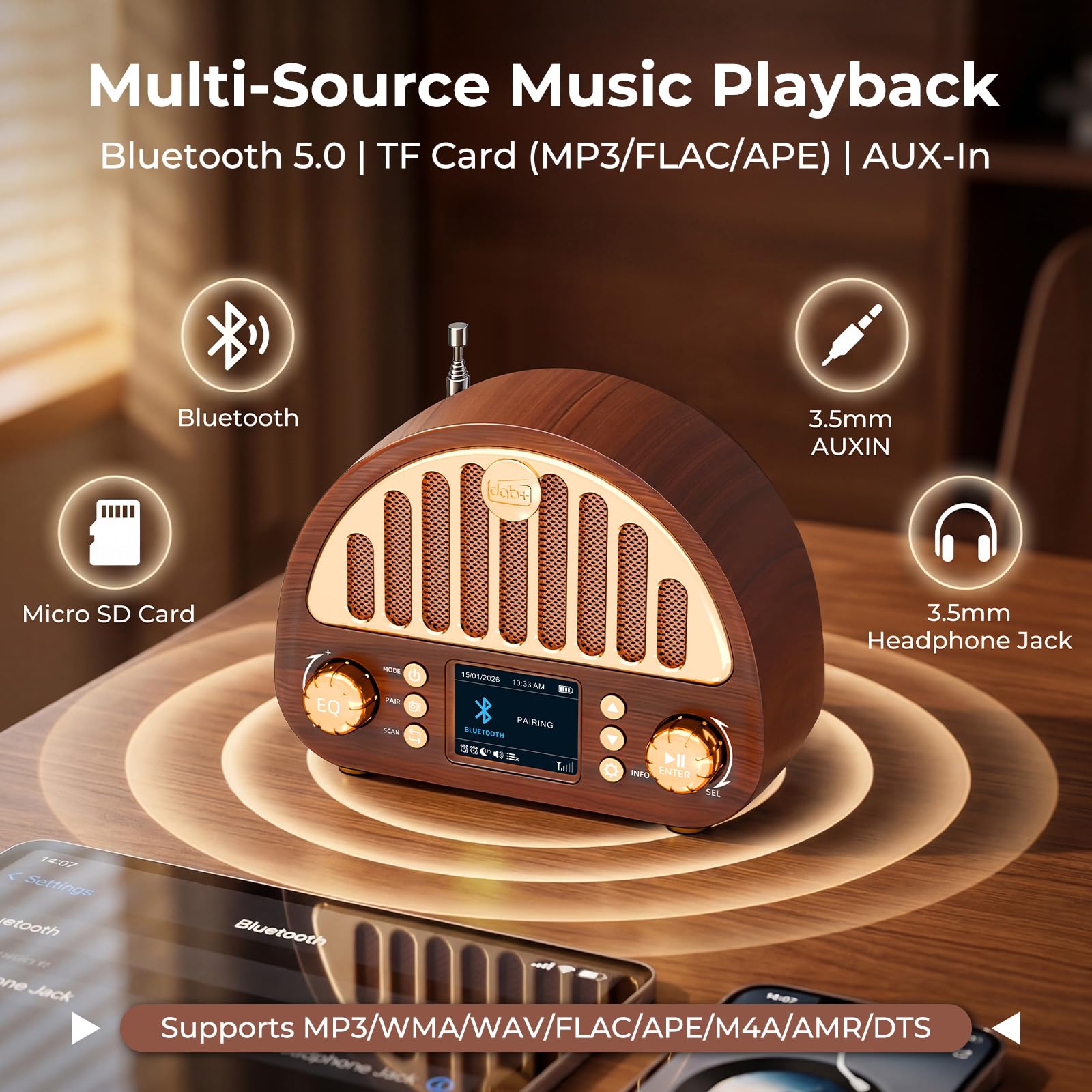 ROCAM Radio DAB+/FM, radio rétro avec Bluetooth 5.0, haut-parleur Full Sound 8 W, batterie 3000 mAh, écran couleur 2", RDS, AUX IN/cartes MicroSD, double réveil, minuterie de sommeil, 80 préréglages