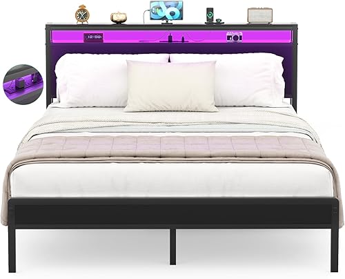 Homieasy Base de cama tamaño Queen con estación de carga y luces LED, plataforma de metal industrial con cabecera de almacenamiento, soporte de