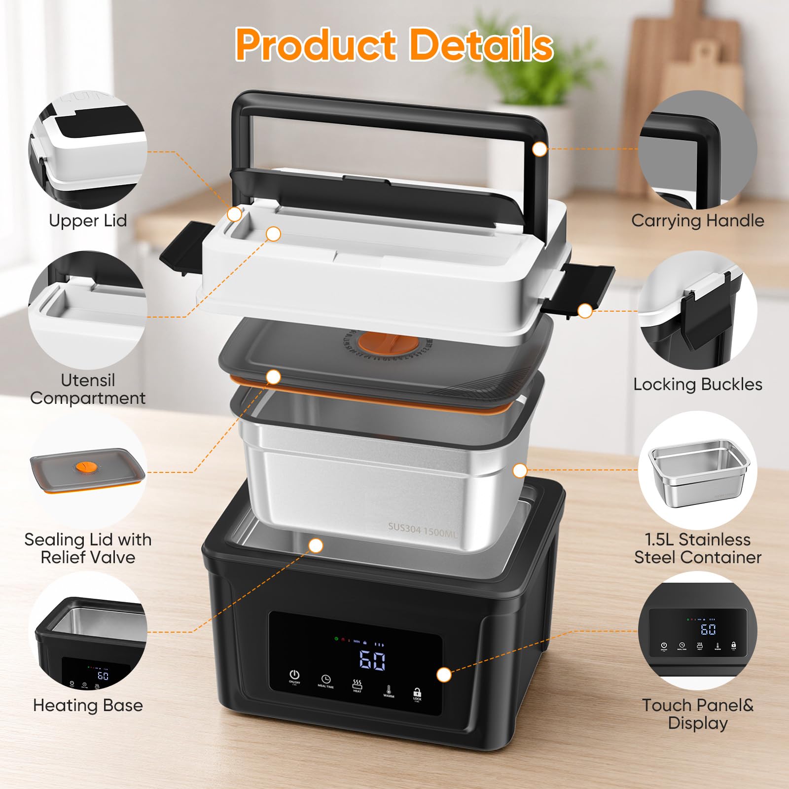 Gamelle Chauffante Batterie Lunch Box Chauffante 1,5L Inox | Lunchbox électrique sans fil 18000mAh avec minuterie programmable, bac inox amovible & sac isotherme pour bureau et camion