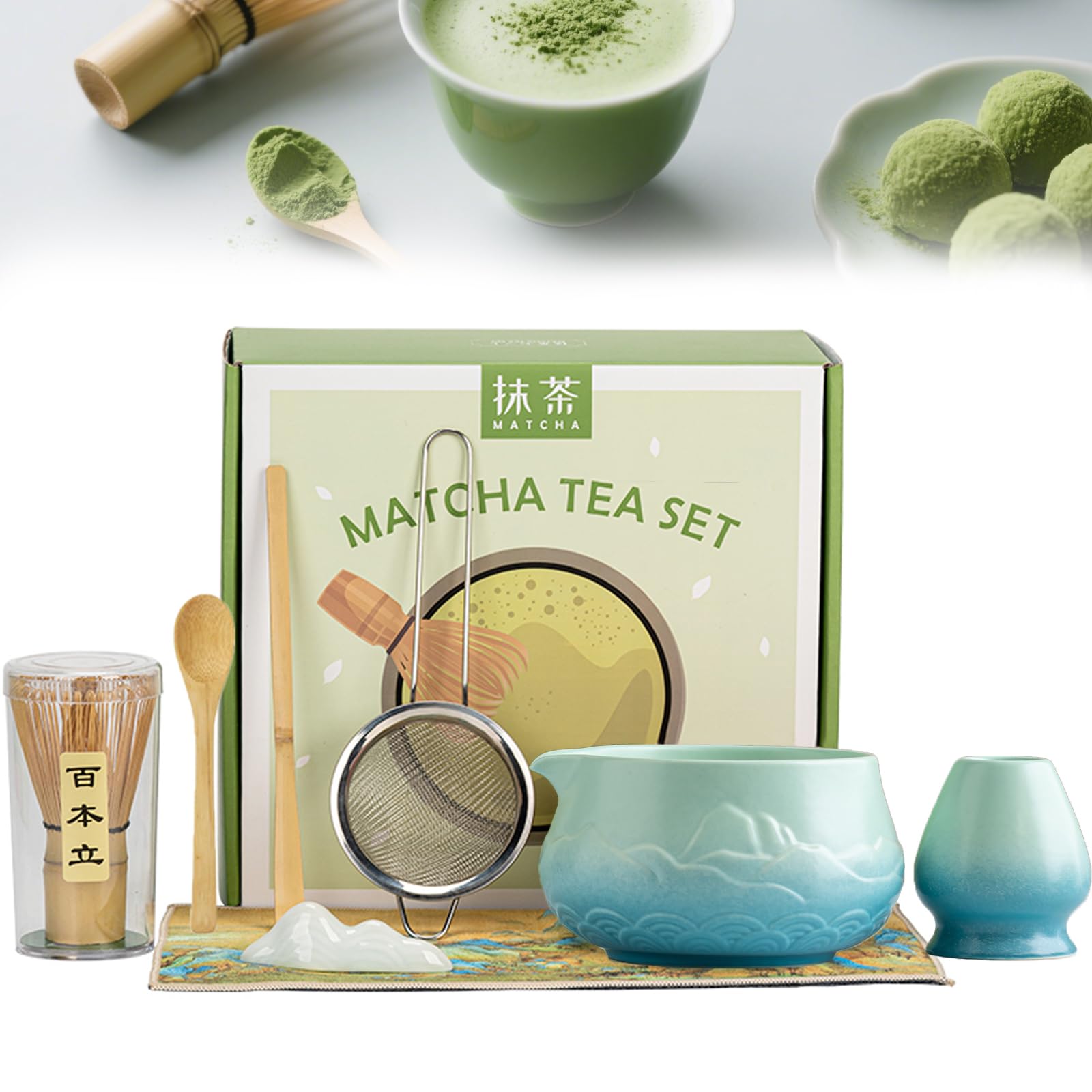 Te Matcha Kit,Matcha Kit De 8 Piezas, Con Batidora De Matcha, Cuenco De Matcha, Cuchara, Reposa Palillos, Colador, Portacucharas, Set de Regalo para Amantes del Matcha