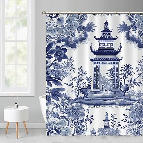 Miniatura 150 de Cortinas de ducha de baño con ganchos, 72 x 92 pulgadas, cortina de ducha de tela impermeable con diseño de flores y pájaros, cortina de ducha