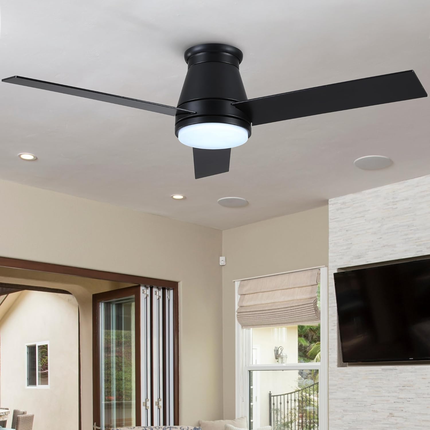 48" Black Low Profile Ceiling Fan with Light, Flush Mount, LED Dimmable, Remote, Space-Saving, 24W LED