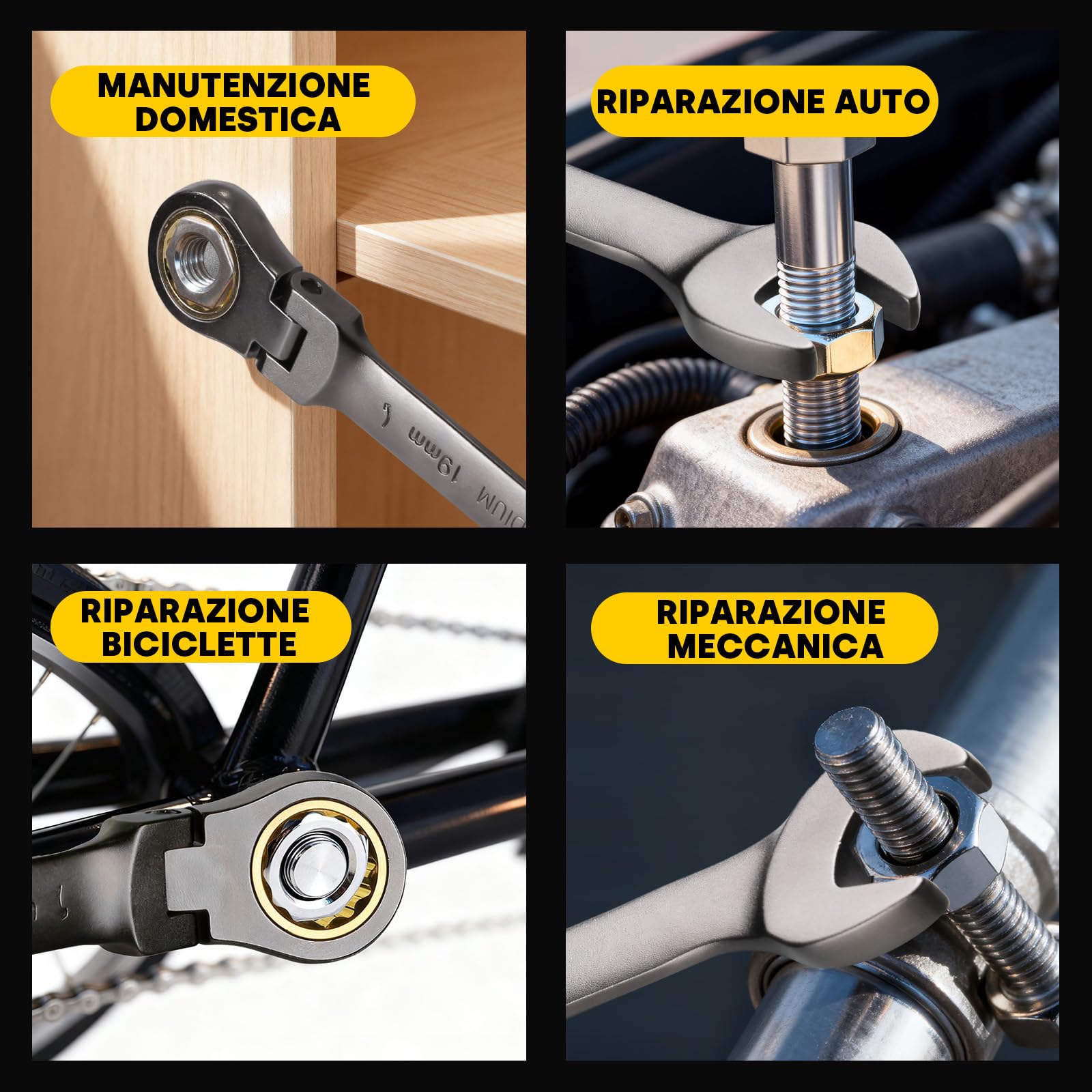 Enventor Set Chiavi a Cricchetto 14pcs, Flessibile Chiave a Cricchetto da Metrico 6mm-19mm, Acciaio al Cromo Vanadio, Nichelato Nero, 90T, Testa Rotante a 180°, Arco di Rotazione a 4°, Cassetta