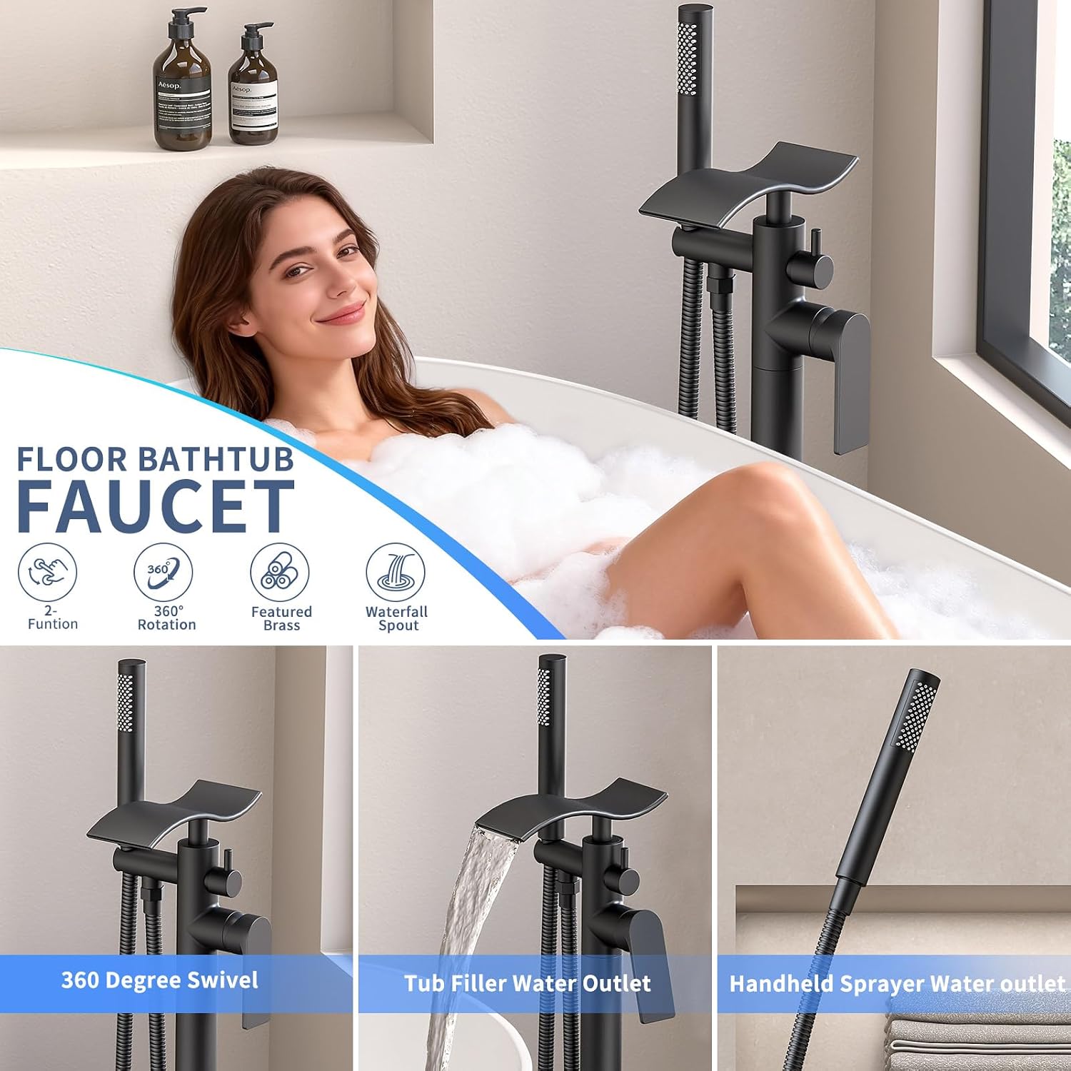 Freestanding Bathtub Faucet with Handheld Spray Single,High Flow Waterfall Bath Shower Faucet,Cylinder Handheld Matte Black