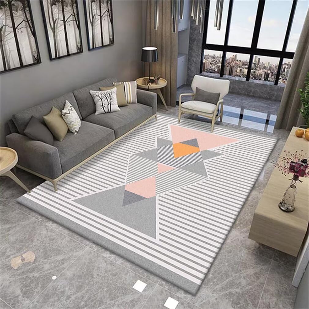 Tapis poil ras moderne gris et rose 50x70cm avec design géométrique chic