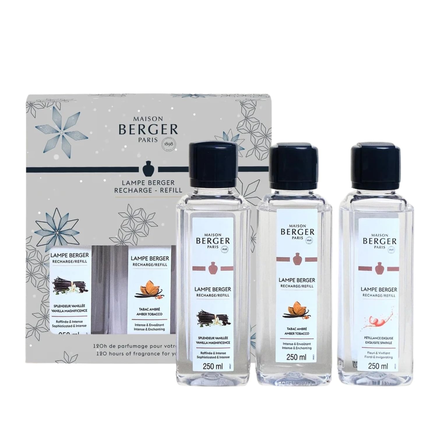 Lampe Berger - TrioPack Collezione Rosalie - Set 3 Flaconi da 250ml - Pètillance - Tabacco e Ambra - Vaniglia Splendente - in Elegante Confezione Regalo